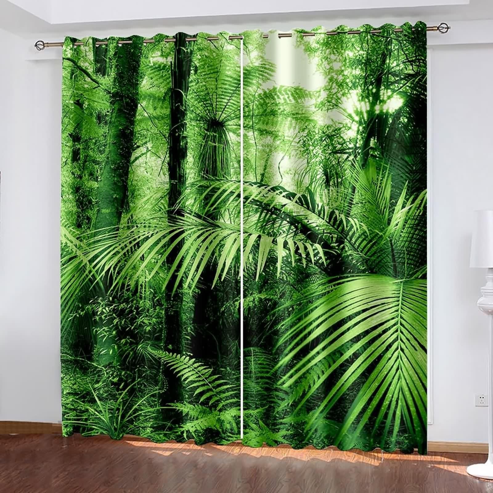 Rideau Vert Mariage, Rideaux Fenetre Chambre Polyester Paysage de Feuilles et D'Arbres 86L x 214H CM Lot de 2