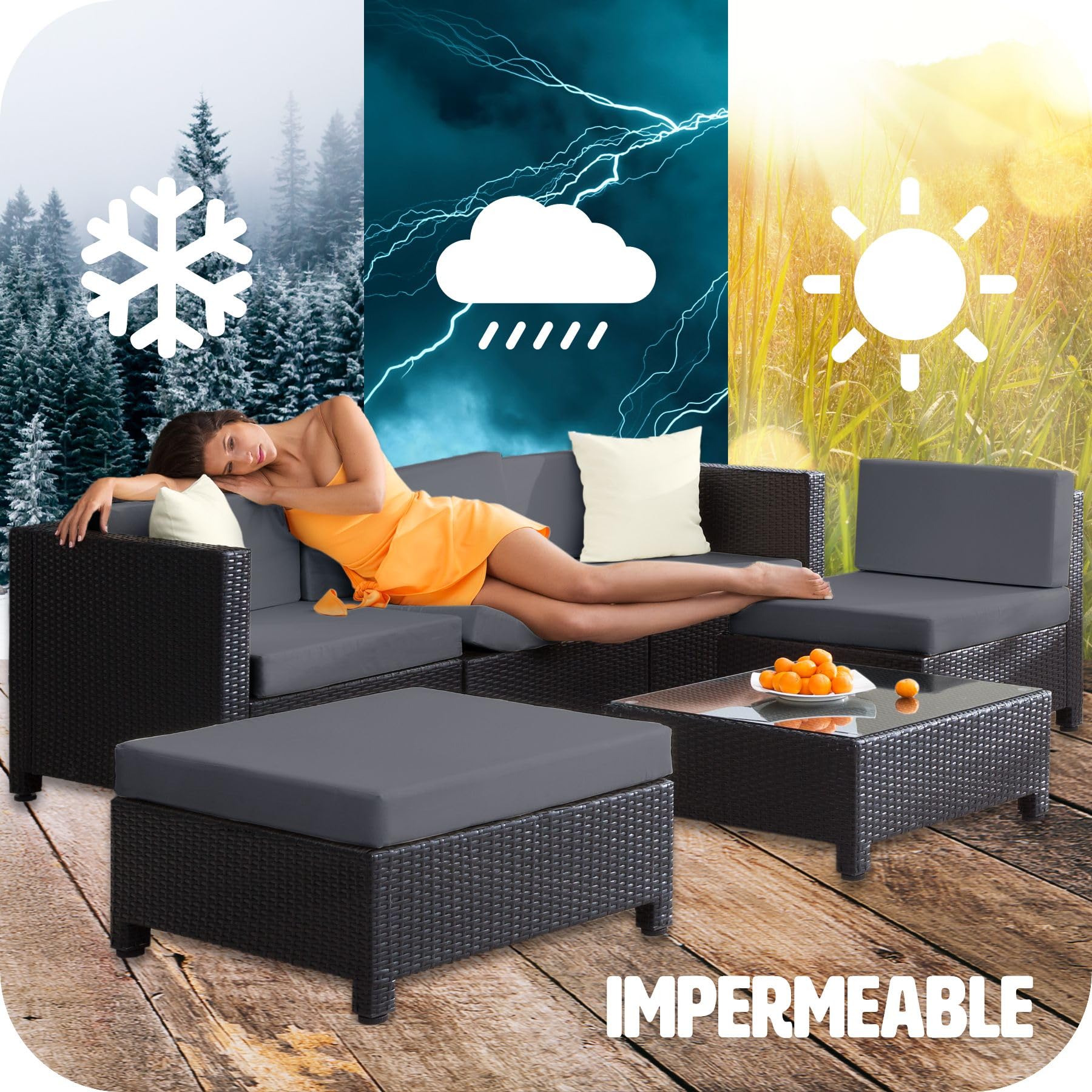 tectake® Conjunto Jardín de Ratán con Cojines y 2 Juegos de Fundas, Conjunto Terraza Resistente a la Intemperie, Muebles Jardín Exterior 4 Sillones, 1 Mesa, 1 Puf, con Tornillos en Acero - Gris Claro