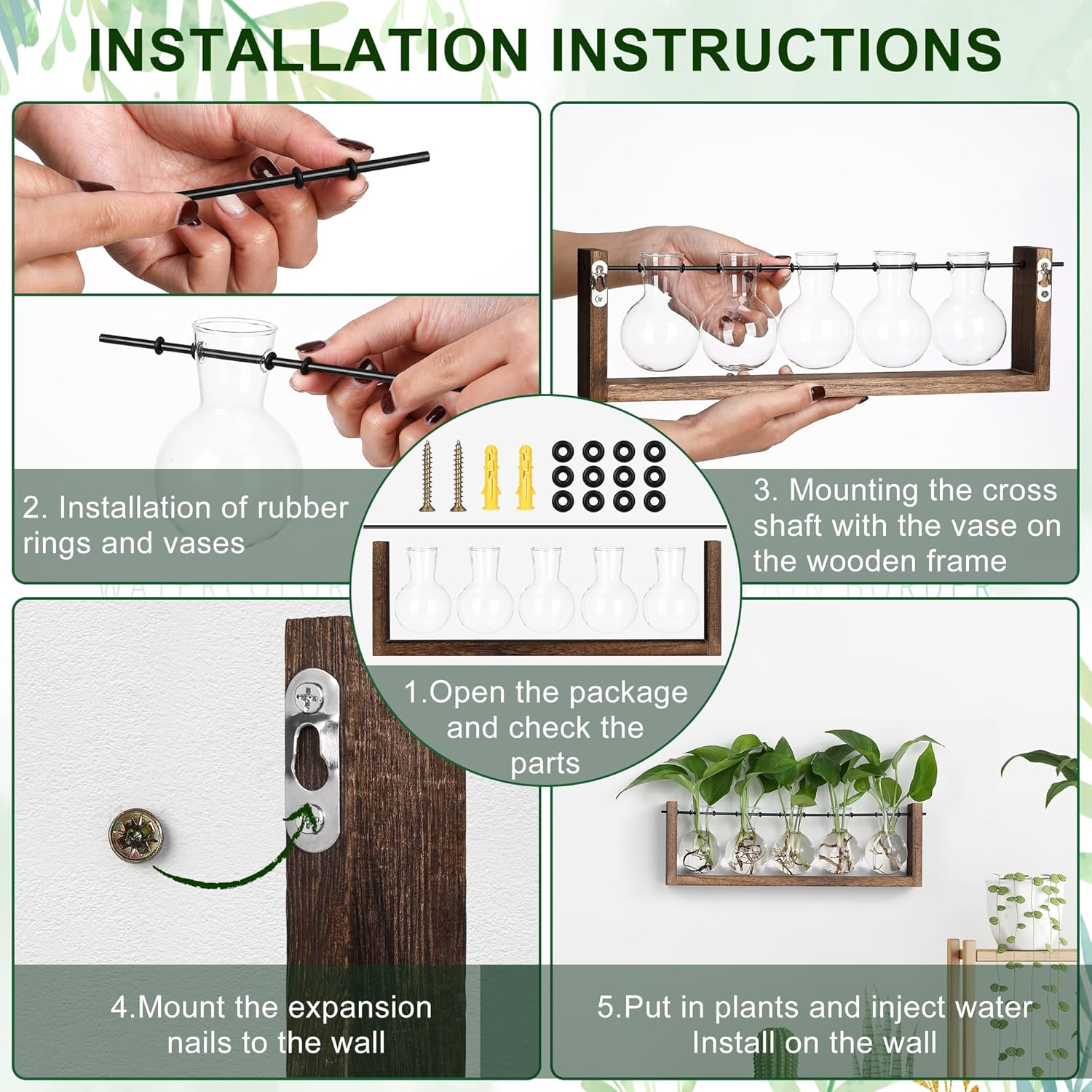 YIBOT Wall Hanging Glass Planter Plant Propagation Vase for Indoor Home Office Living Room Decor Gifts, Plant Terrarium with Wooden Stand-5 Bulb Glass Vases - Image 3