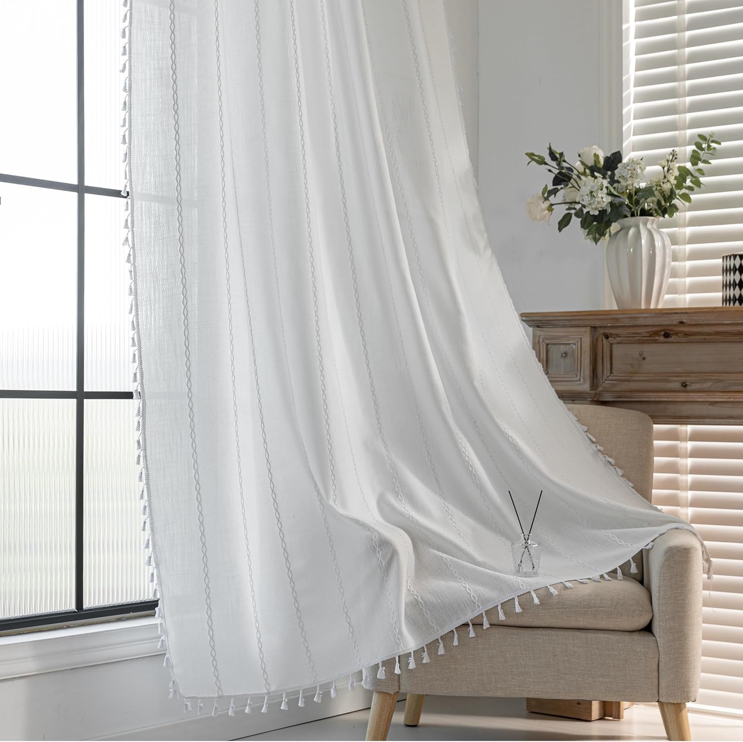 White Boho Embroidered Sheer Curtain, 1 Panel Rod Pocket Window Drape with Tassels for Living Room Bedroom, 59 x 96 Inch