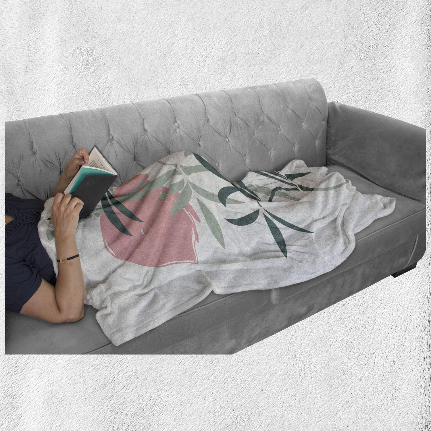 Lunarable Japanese Throw Blanket, Oriental Concept in Pastel Colors Sun Inspired Circle and Tree Design, Flannel Fleece Accent Piece Soft Couch Cover for Adults, 60" x 80", Sage Green Blue Grey