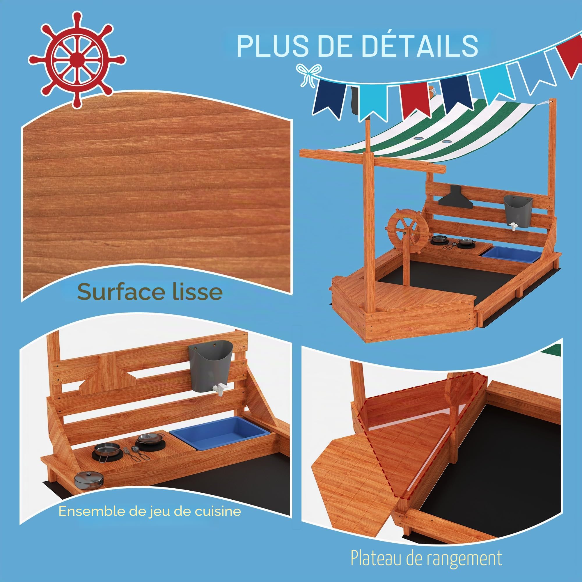 Outsunny Bac à Sable Enfants 180x103 cm avec Couvercle Bois Vert