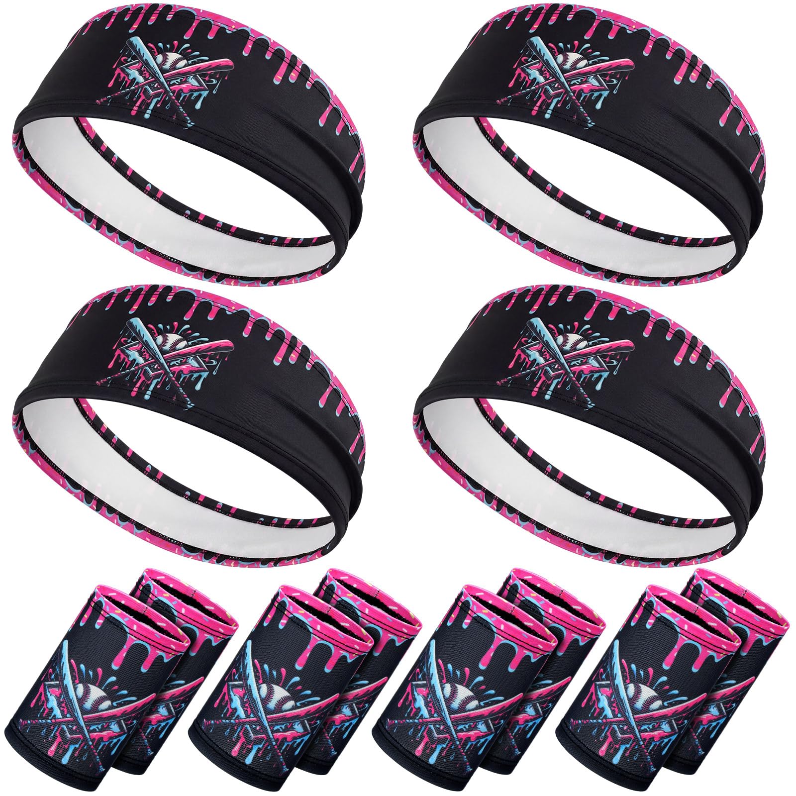 Soulchen 4 Set Ice Cream Drip Baseball Headbands and Sports Wristbands for Athletes Baseball Football Basketball Running Gym Party Favors Suitable for Team Men Women (Black)-image-49