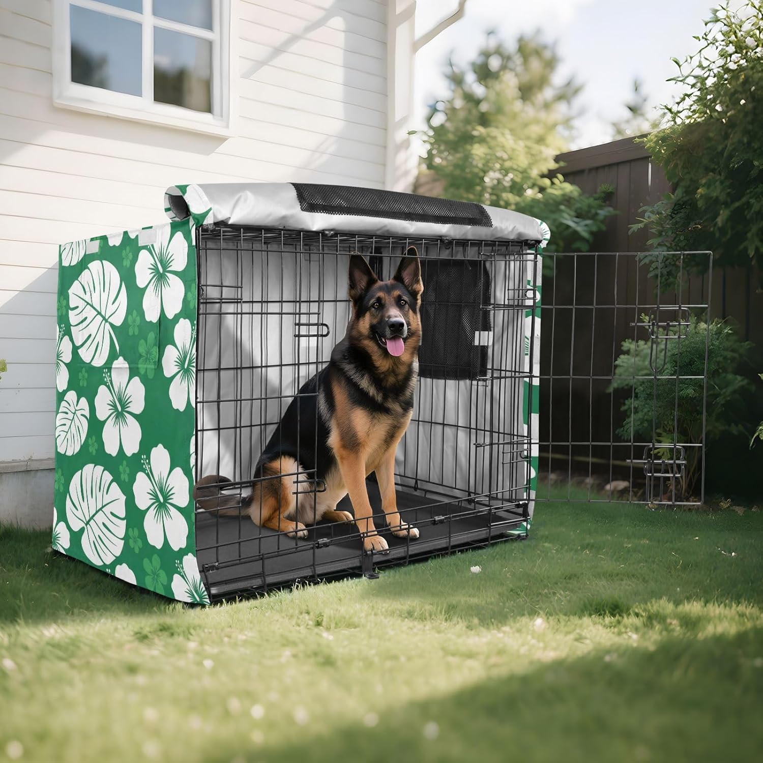Duty 600D Silver Coated Dog Crate Cover, Water-Resistant Tropical Leaves Pet Kennel Canopy with Mesh Windows for Optimal Ventilation, Universal Fit for Standard Wire Cage, Indoor & Travel