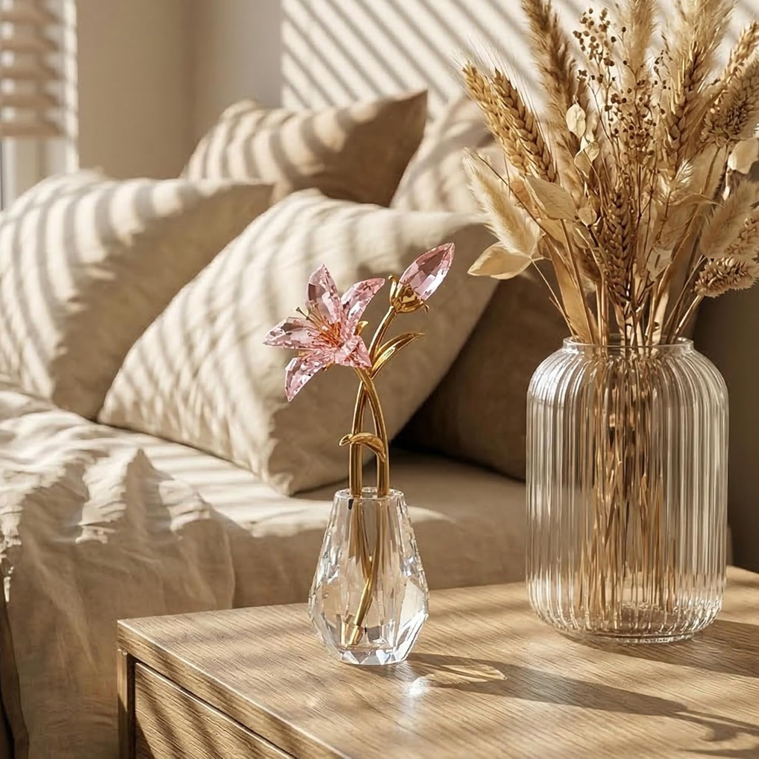 Crystal Tiger Lily Flowers with Crystal Vase Metal Stem Pink Lily Flower Collectible Gifts for Women, Glass Lilium Flower Artificial Floral Figurines for Home Wedding Party Decor