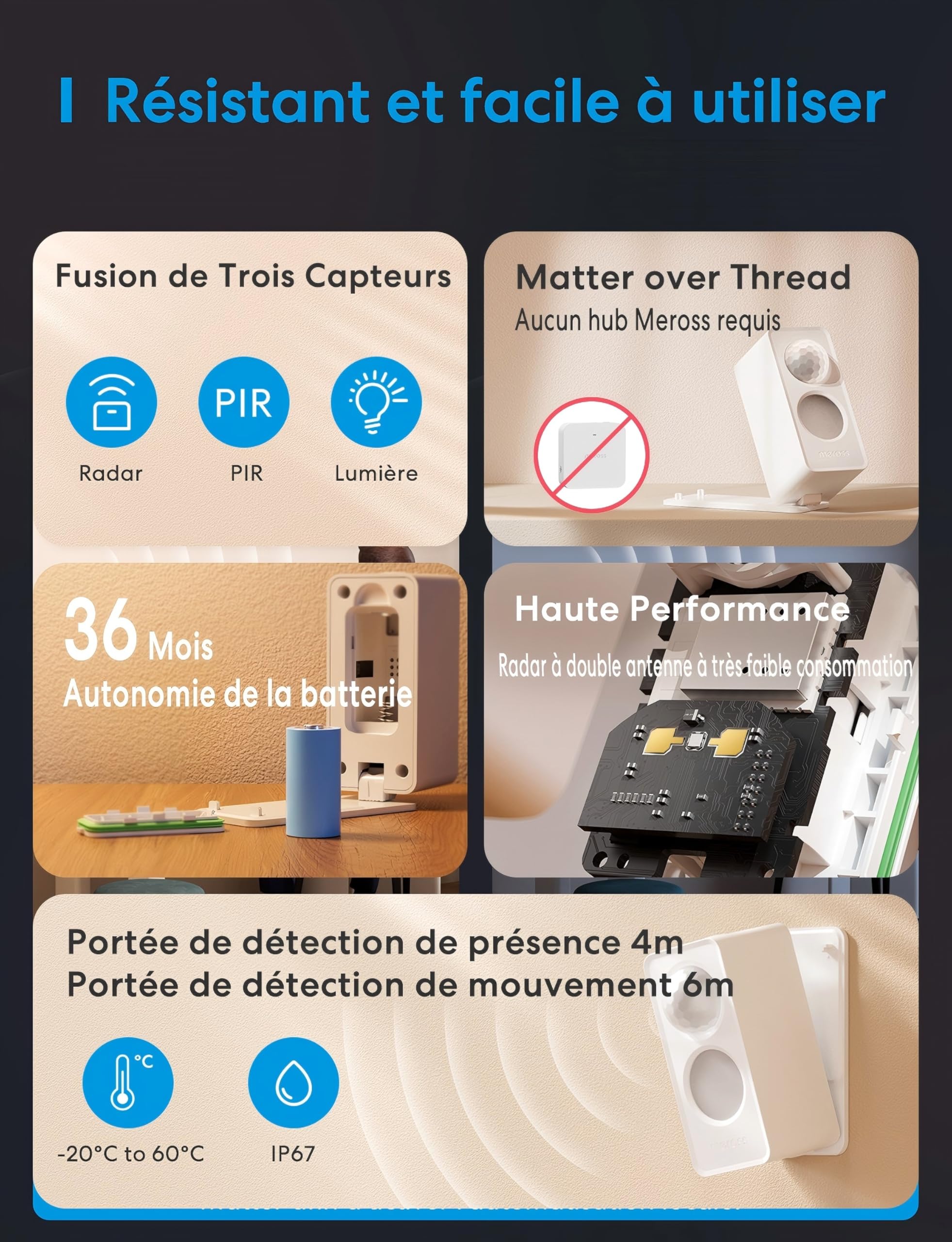 Meross Detecteur de Presence Matter Over Thread, Détecteur de Mouvement IP67 avec Détection à 3 Zones, Capteur de Mouvement Batterie Compatible avec Apple HomeKit, Alexa, Google Home