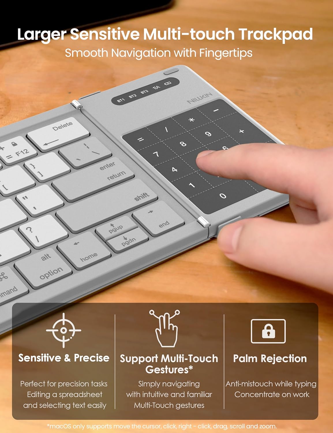 Nillkin Foldable Travel Keyboard with Touchpad & Number Pad, Bluetooth Wireless Portable Folding Full Size Keyboard with Trackpad for PC Laptop iPad Tablets Smartphone, Silicone Leather Cover, Gray