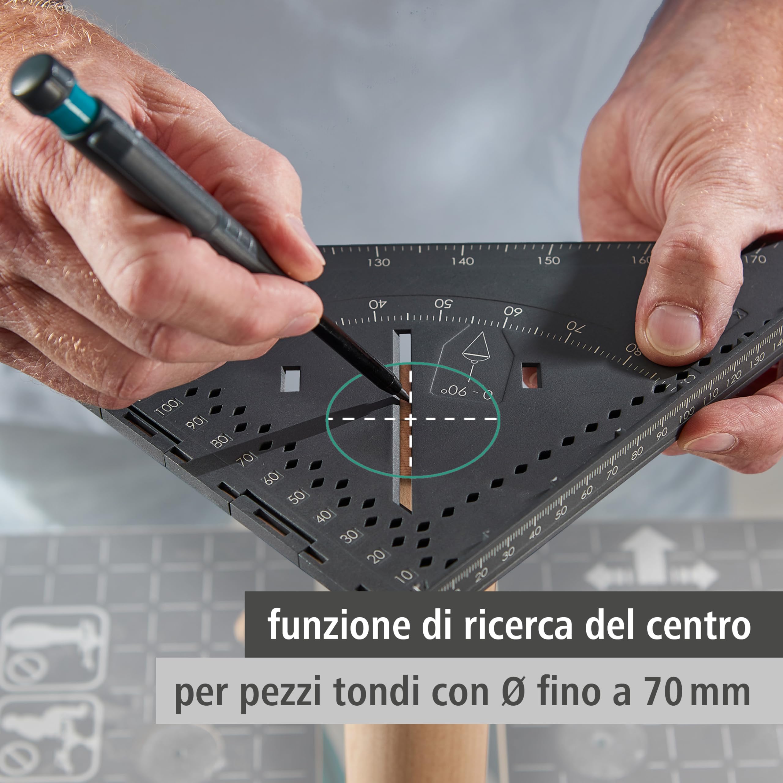 wolfcraft VARIO 3D PRO Squadra Pieghevole per Misurare e Marcare, per Superfici e Pezzi Tridimensionali con Scala 0–180°, Ricerca Centro, Filo a Piombo e Funzione Compasso – 5219000