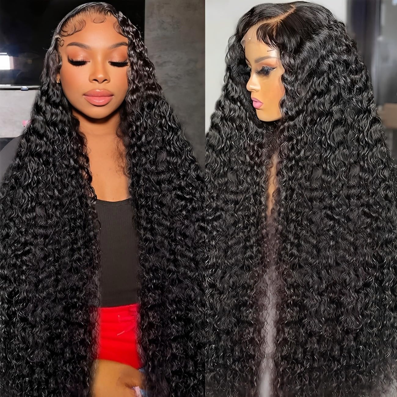 BVLBVL 28 Inch 13x6 Deep Wave Lace Front Wigs Human Hair 180 Density Curly Human Hair Wig HD Lace Frontal Wig Pre Plucked, Real Human Hair No