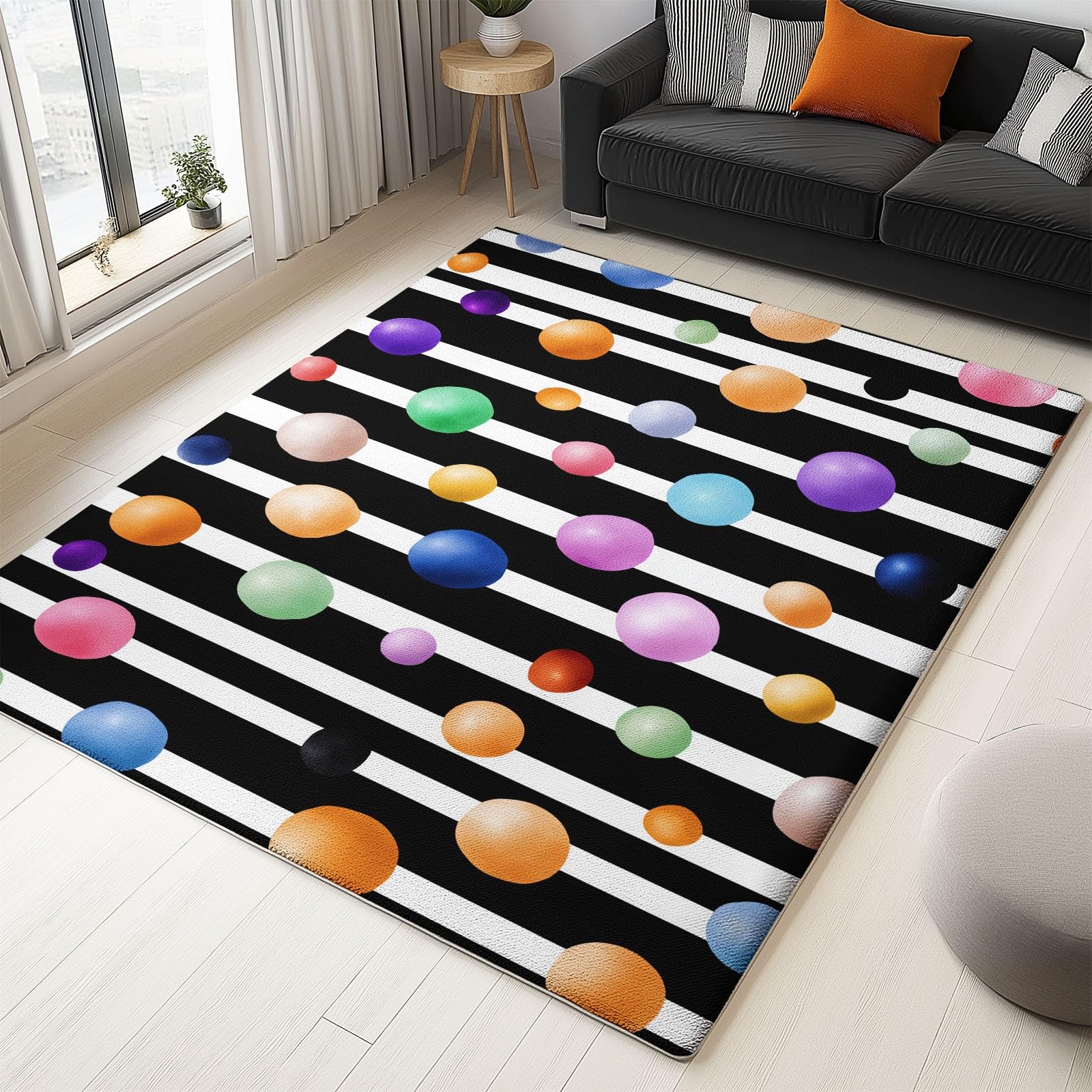 Genérico Dywaniki łazienkowe miękkie chłonne antypoślizgowe paski kulki koła sztuka dywan krótkie włosy można prać w pralce, 160 x 230 cm chłopcy i dziewczęta sypialnia kuchnia czarny