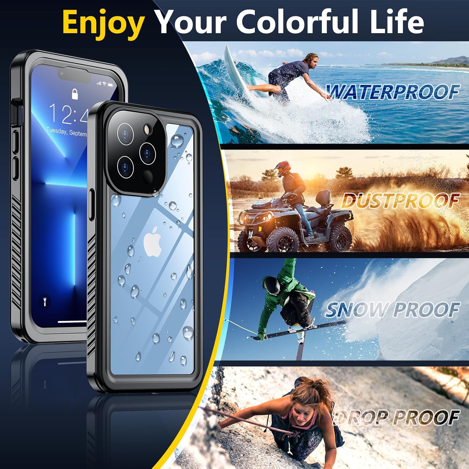 Justcool for iPhone 13 Pro Max Case Waterproof, Built-in Screen Protector [12FT Military Dropproof] [Dustproof] Heavy Duty Shockproof IP68 Underwater Case for iPhone 13 Pro Max 6.7 inch -Black