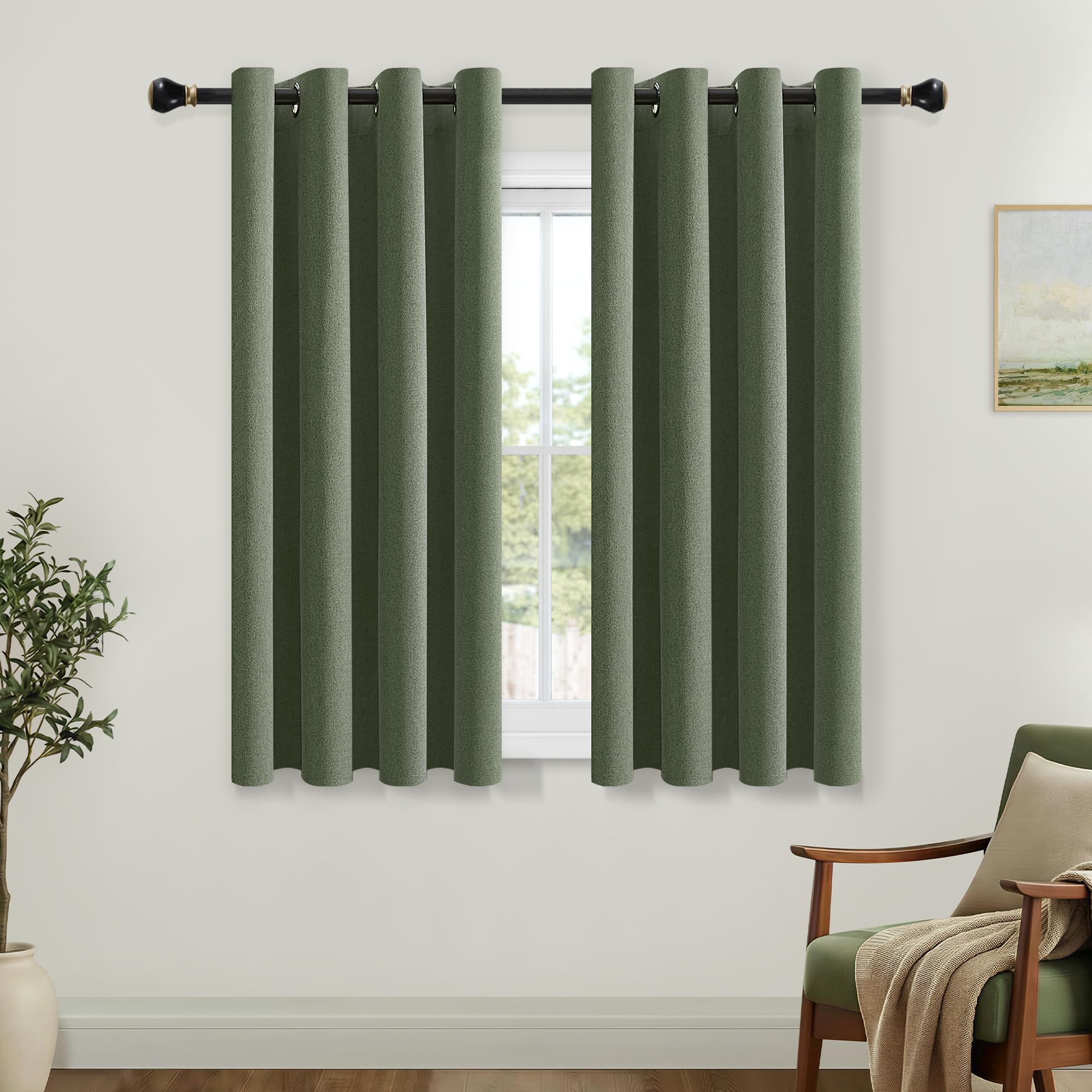 Faux Linen Blackout Curtains with Coating Back Layer 63 Inch Drop 2 Panels Dark Green Energy Saving Thermal Eyelet Curtains for Living Room Bedroom Short Window, One Pair, Olive Green, 52"W x 63"L