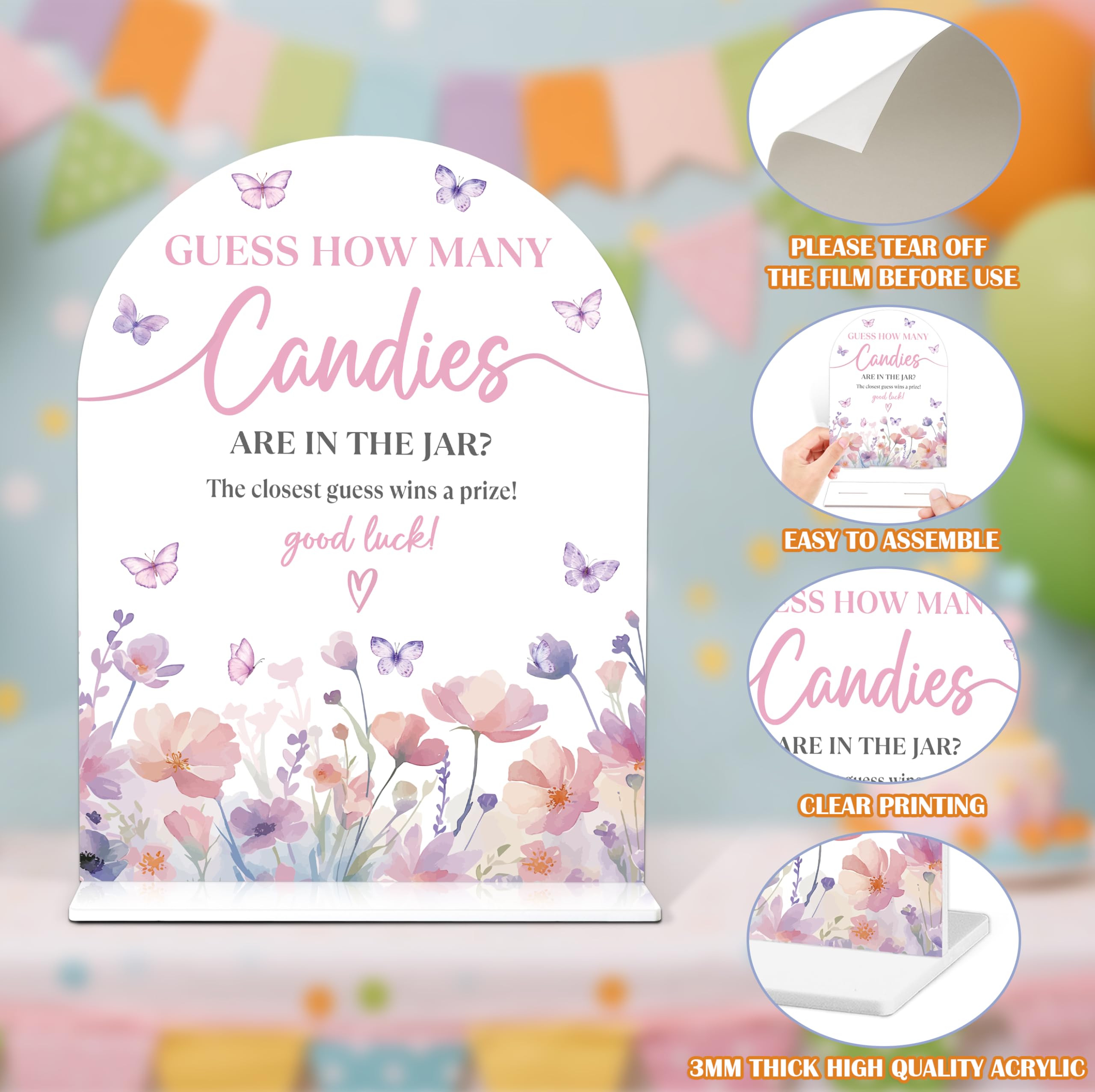 Baby Shower Game - Purple Butterfly "How Many Candies" Jar Game With Sign & 50 Cards - View #7