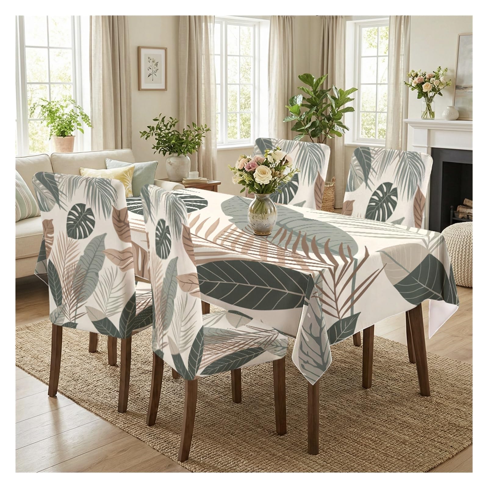 BOSUYBN Tropical Leaf Chair Covers With Tablecloth Set, 5/7 Piece Dining Slipcovers For Natural Home Decor And Greenery-Inspired Dining Setup Table Setting(5pcs Set: Tablecloth+Chair Covers)