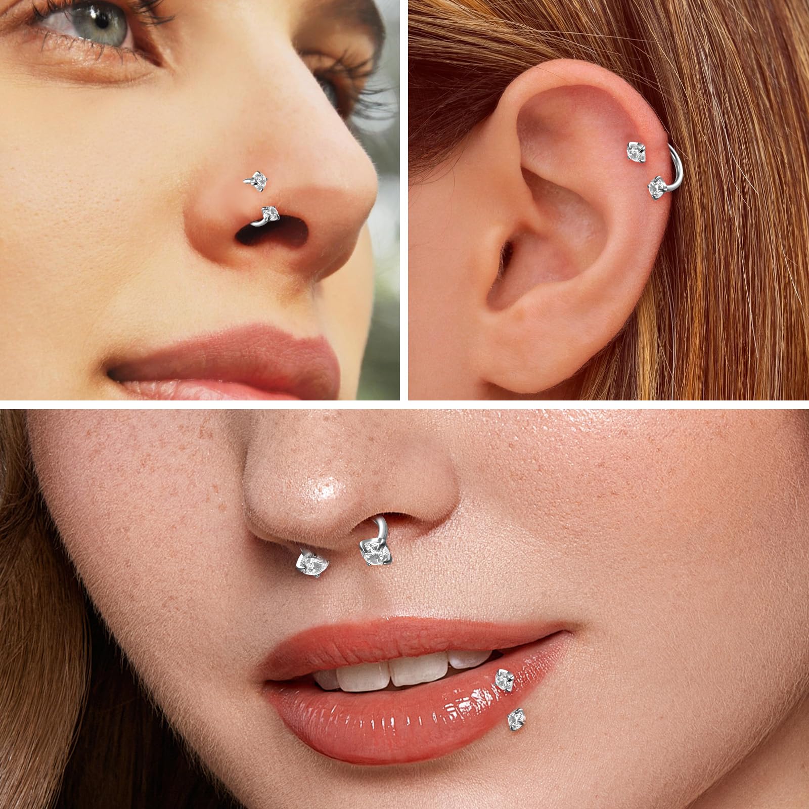 18 g kolczyk do nosa w kształcie podkowy, zestaw kolczyków do nosa, septum, 6 mm/7 mm/8 mm, tytanowy kolczyk do nosa, srebrny, z narzędziem chwytającym i igłą do piercingu z tyłu, helix