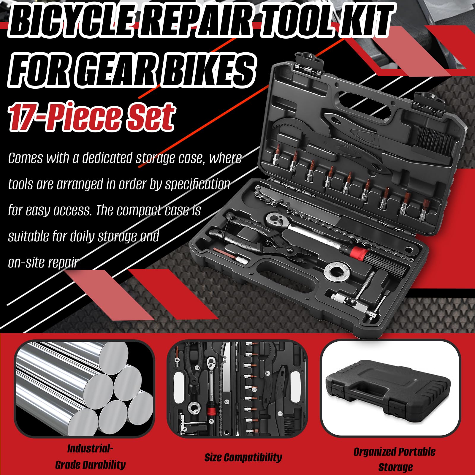 Cassetta Degli Attrezzi, Kit di Riparazione per Biciclette da 17 Pezzi in Acciaio con Chiave Dinamometrica per Biciclette da 5 a 25 Nm Set Completo di Attrezzi per MTB Bici da Strada e Bici Gravel
