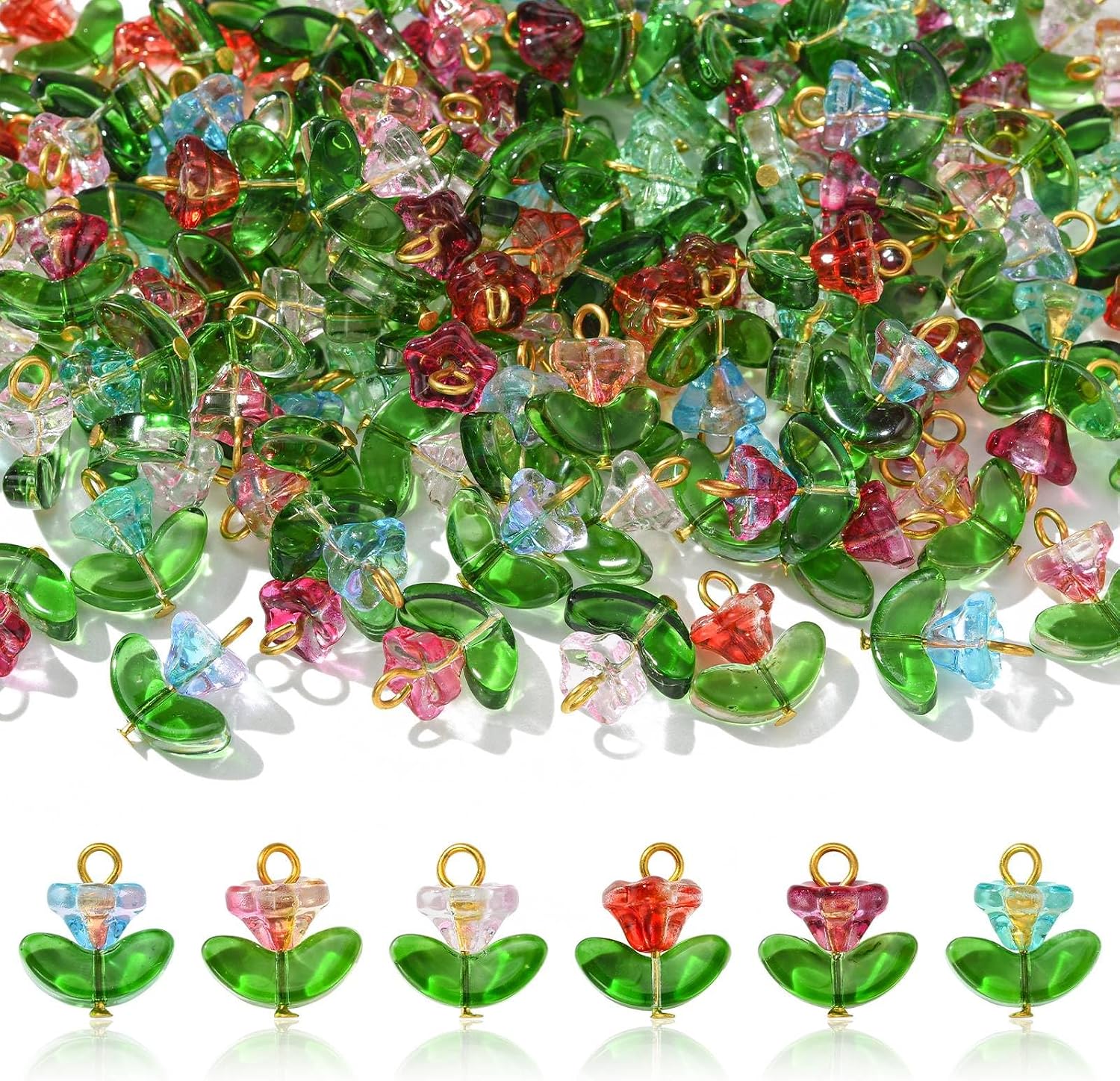 LiQunSweet 120 Pcs 6 Colors Petunia Flower Glass Charms Morning Glory Floral with Leaf Crystal Charms for DIY Jewelry Earrings Necklace Craft Decoration
