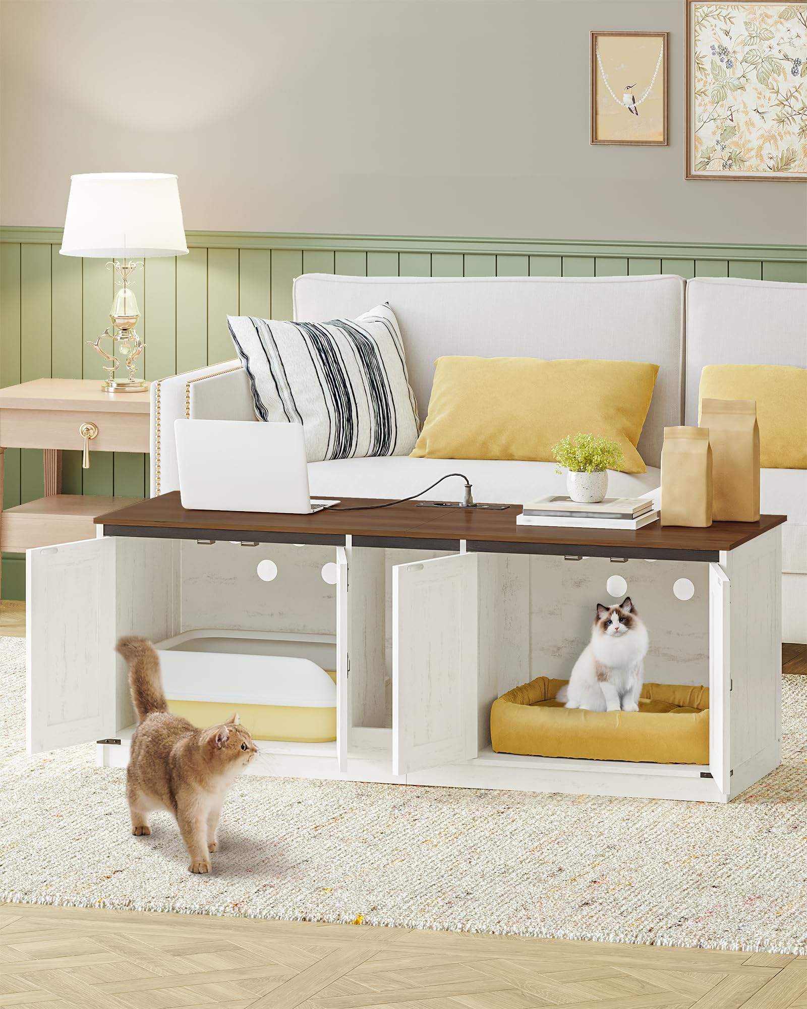 Hzuaneri Armario para Gatos, Mueble Arenero Gato con Puertos USB y Tomas de Corriente, Mueble Arenero Oculto de 140cm para 2 Gatos, Casa para Gato de Interior, Marrón Rústico y Blanco CB82514X