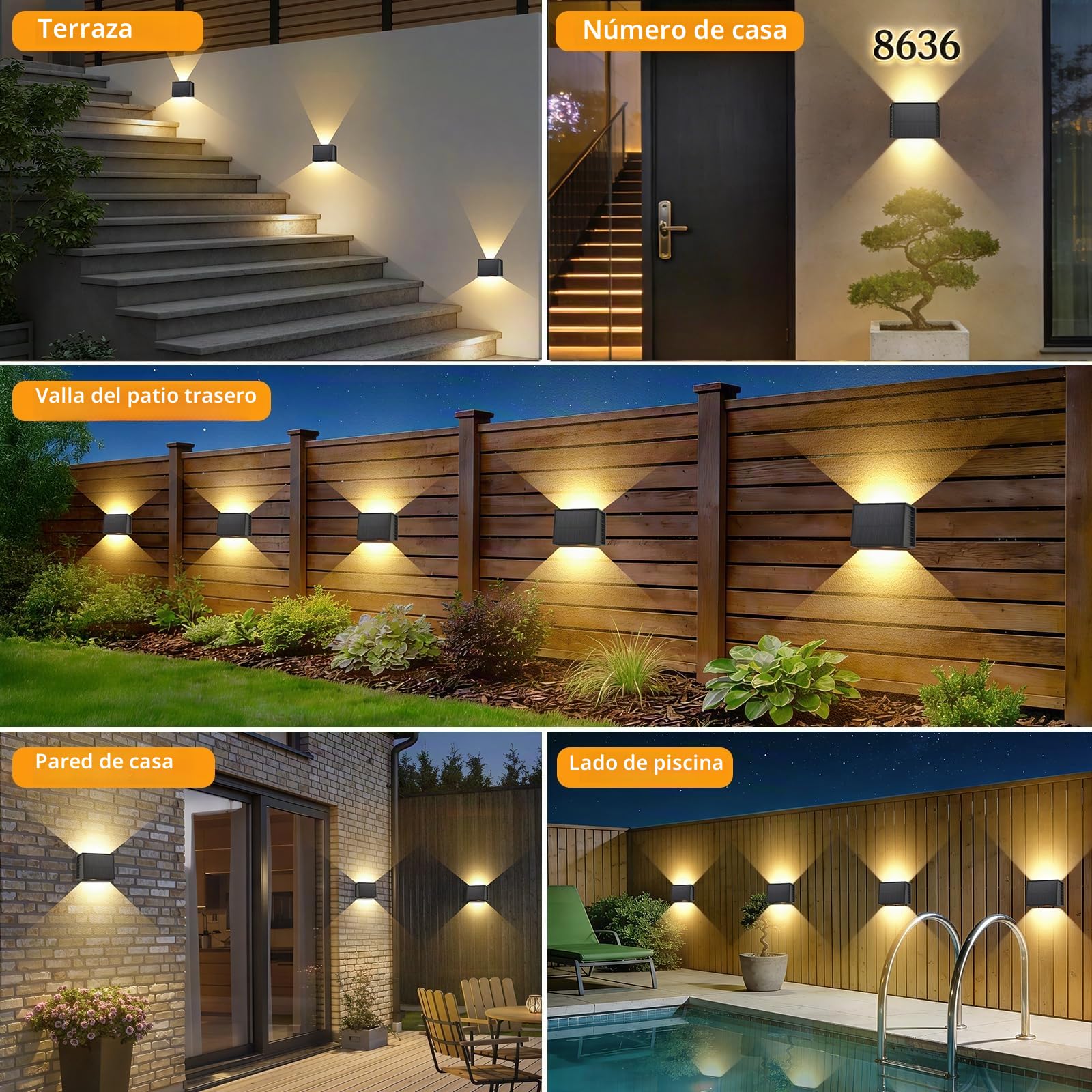 Aplique Solar Pared Exterior, T-SUNUS Lámparas Solares Exteriores Pared, Ángulo Del Haz Arriba y Hacia Abajo, 3000K Blanco Cálido Luces Solares, para Jardín Camino Garaje Patio Terraza, 8 Piezas