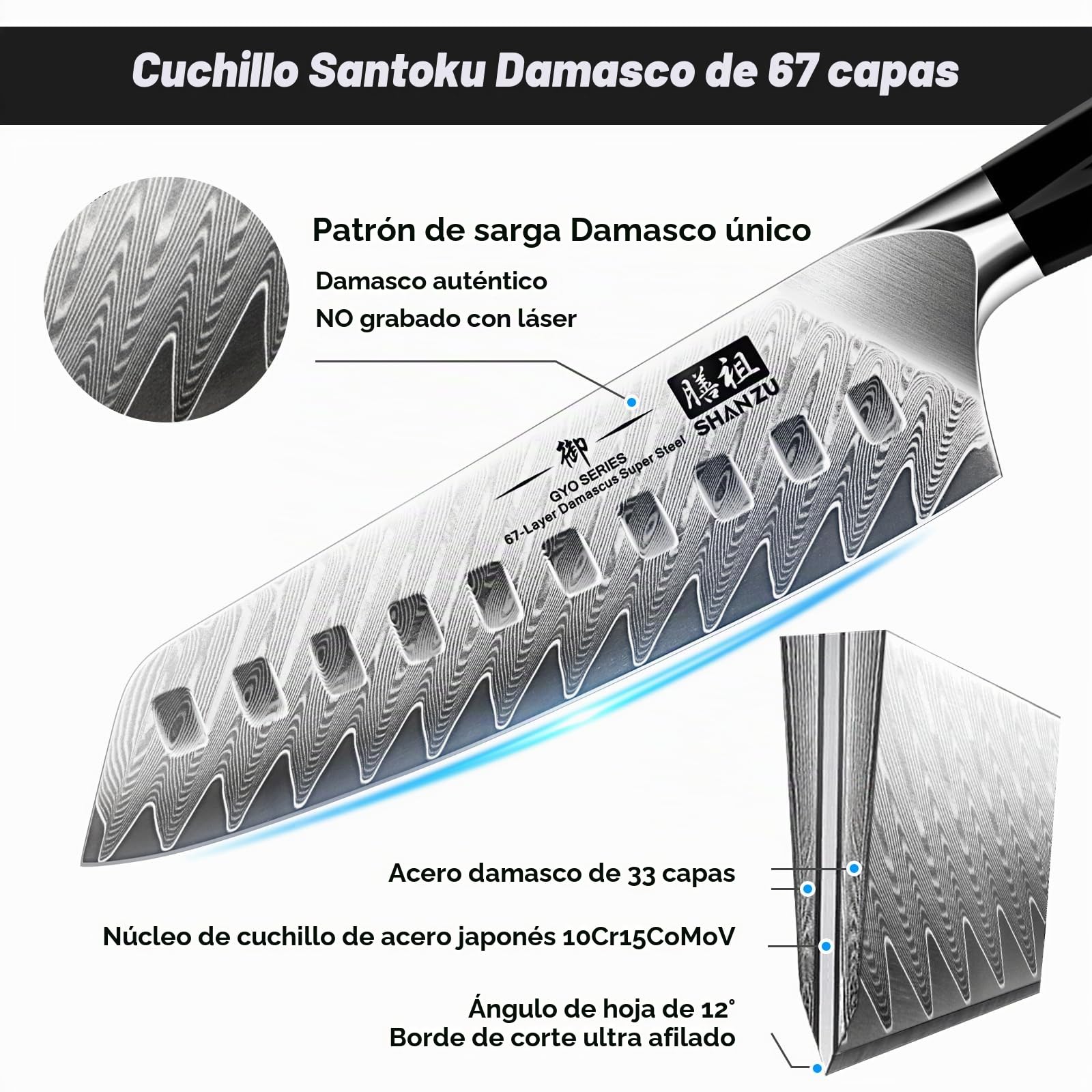 SHAN ZU Cuchillo Santoku, Cuchillo de Cocina Damasco de Acero 10Cr15MoV de 67 Capas, Cuchillo Japones con Mango G10, Cuchillo de Cocinero Profesional, Súper Afilada para Cortar Verdura, Fruta, Carne