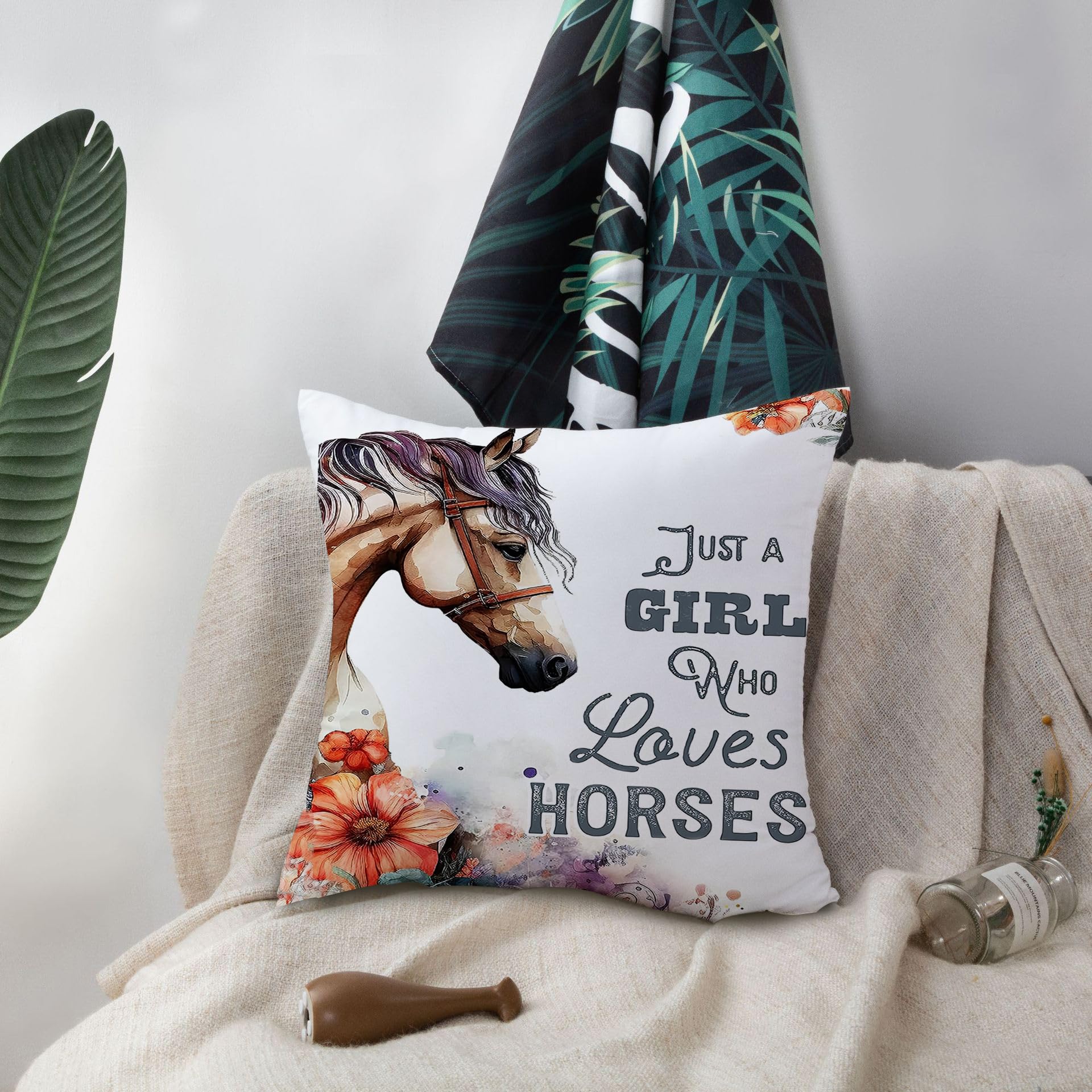 KUNQIAN Horse Cushion Cover Decorations Horse Gift for Girl Women Daughter Granddaughter Just a Girl Who Loves Throw Pillow Case Decor Home Livingroom Couch Sofa 18"x18"(45x45cm) - Image 3