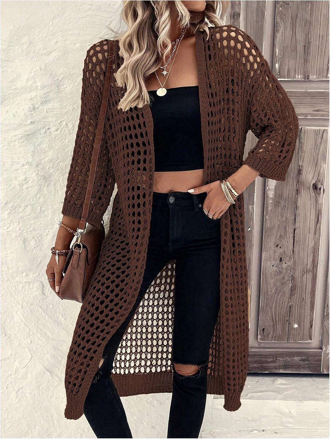 Verdusa Women's 3/4 Sleeve Long Crochet Cardigan Open Front Summer Kimono image 5