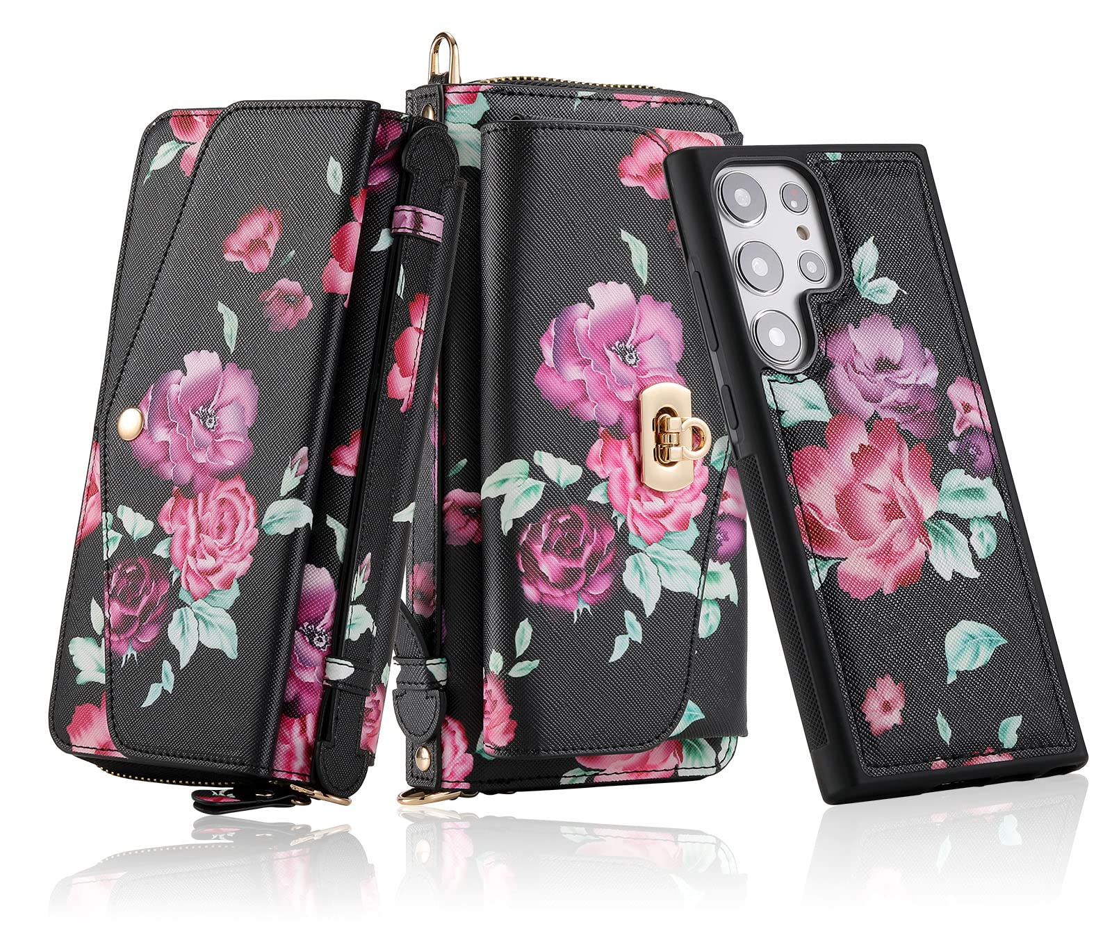 LITOU Compatible for Samsung Galaxy S24 Ultra Phone Case Wallet for Women Zipper,Detachable Magnetic,RFID Blocking Card Holder,Crossbody Strap Wristlet Case for Galaxy S24 Ultra.B1