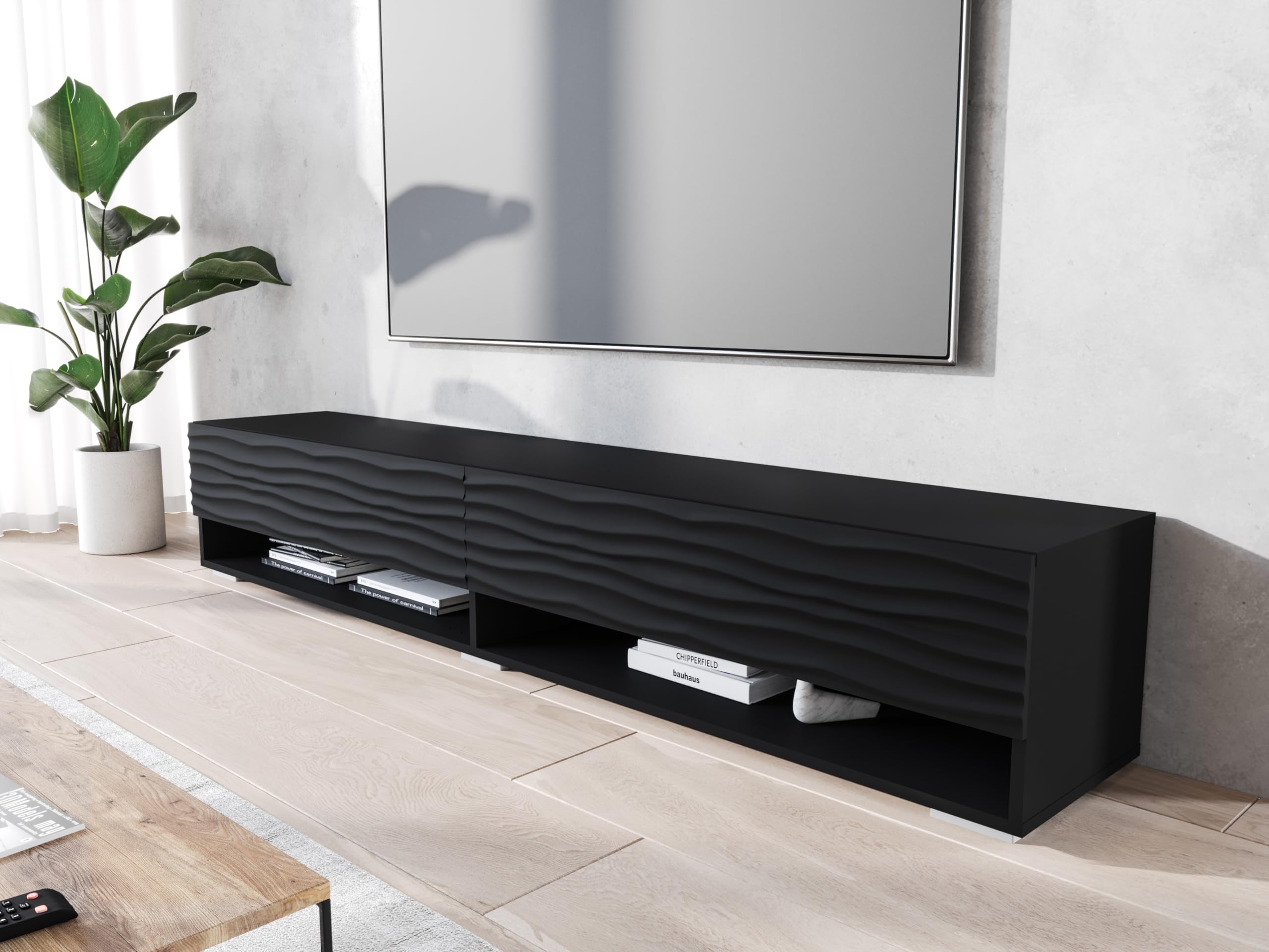 Meuble TV 180 cm noir ondulé avec éclairage LED en option, deux étagères, support TV suspendu