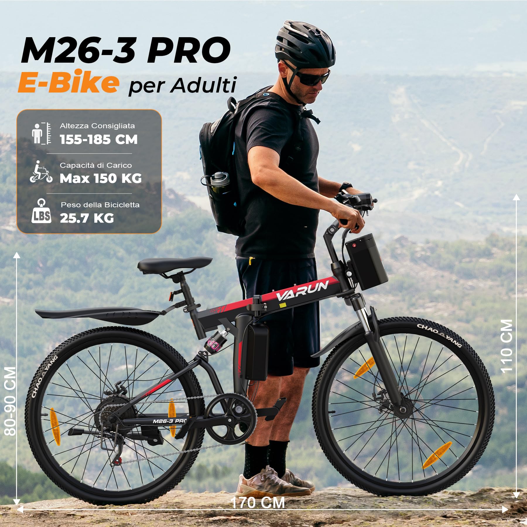VARUN Bici Elettrica Pieghevole da 26'', 48V 374,4Wh, Sospensione Completa | Batteria Rimovibile, Autonomia di 70km, 7 Velocità Bicicletta Elettrica, E Bike Adatto a Tutti i Terreni