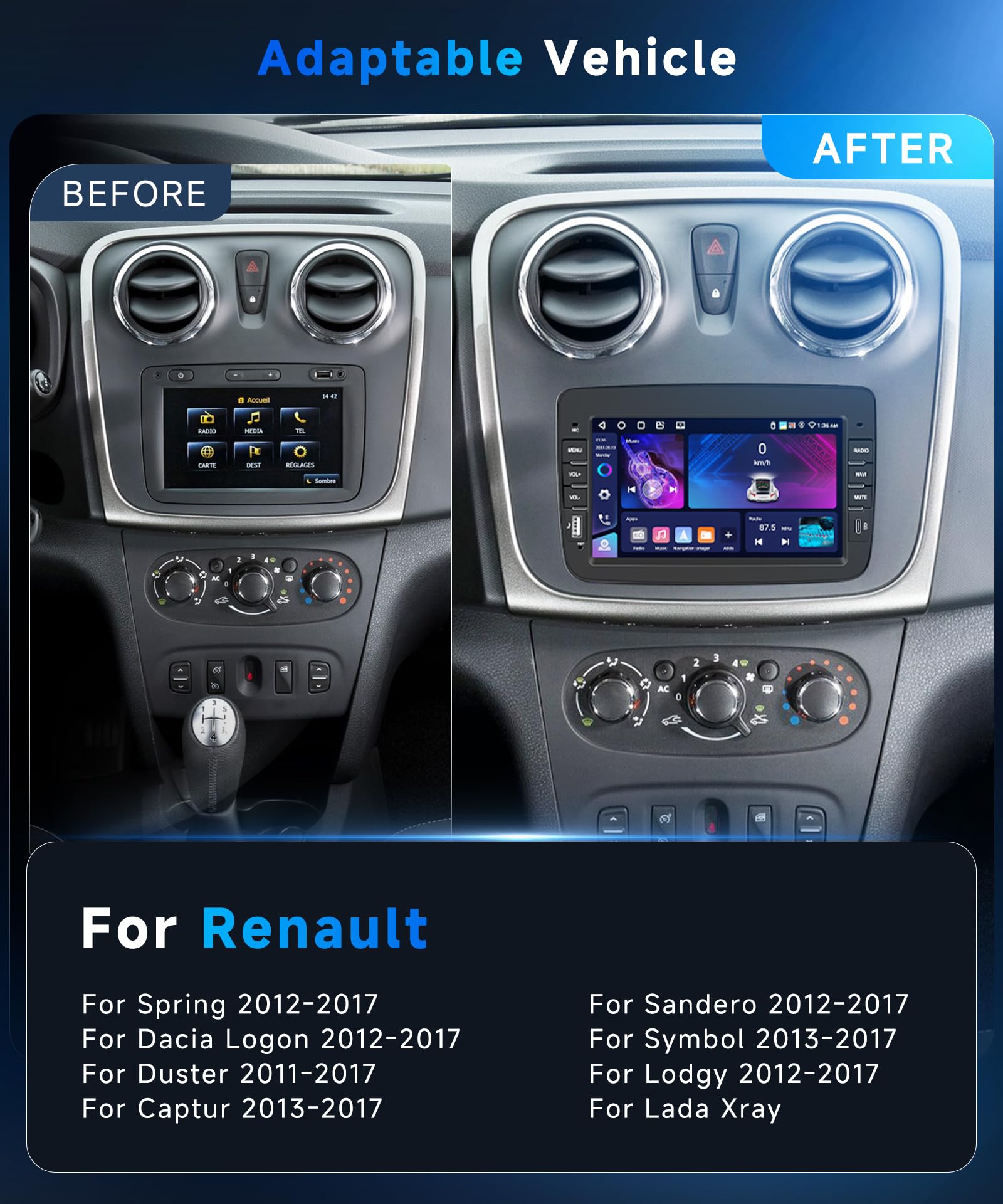 VECHTEL Radio samochodowe 4G + 64G Android 15 dla Renault Dacia Logan Dokker Duster Sandero Lodgy Captur Symbol Lada Xray z Android Auto CarPlay, ekran dotykowy 7'' GPS WiFi USB Type-C Bluetooth FM