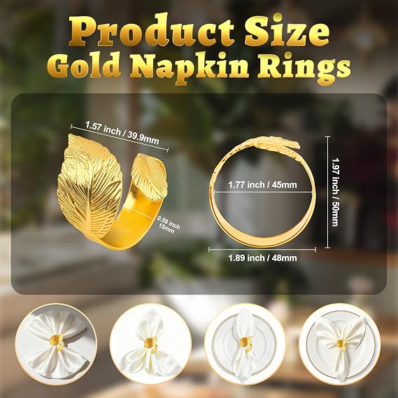 Napkin Rings Gold Napkin Rings Set of 12 Metal Leaf Shaped Fall Thanksgiving Christmas Napkin Ring Napkin Holder Buckles for Elegant Dinner Table Decor,Kitchen,Banquet,Wedding,Holiday, Everyday Party