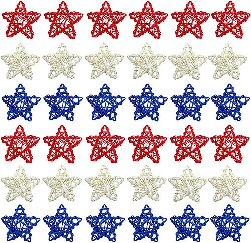 EBaokuup 36 estrellas de ratán natural del 4 de julio, estrellas de ratán de mimbre de 1.96 pulgadas, color rojo, blanco y azul, para decoración del