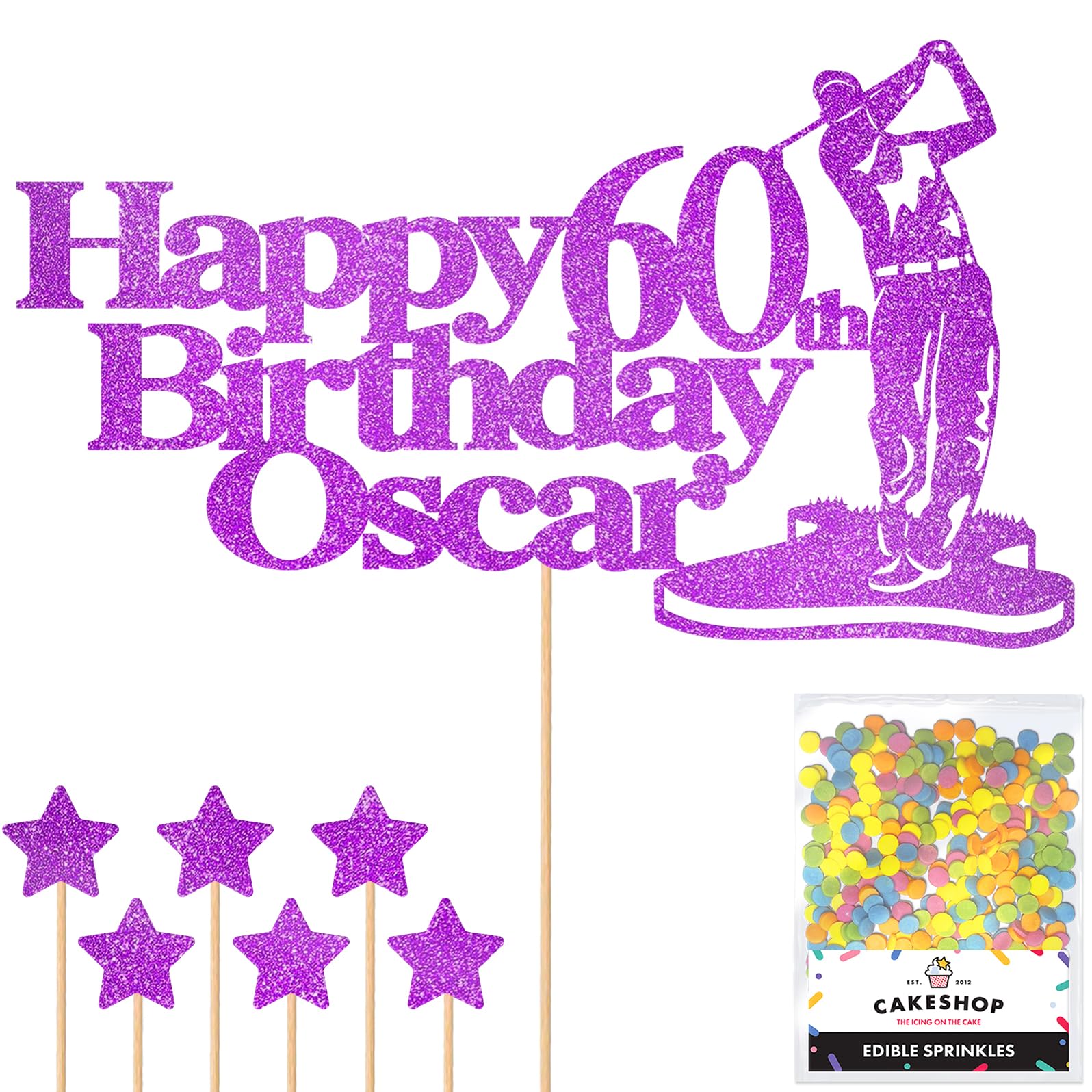 Personalised Golf Golfer Glitter Cake Topper - Purple Custom Age & Name Glitter Cake Decoration and Sprinkles - Happy Birthday Decorations - Personalised Toppers for Cakes by Cakeshop