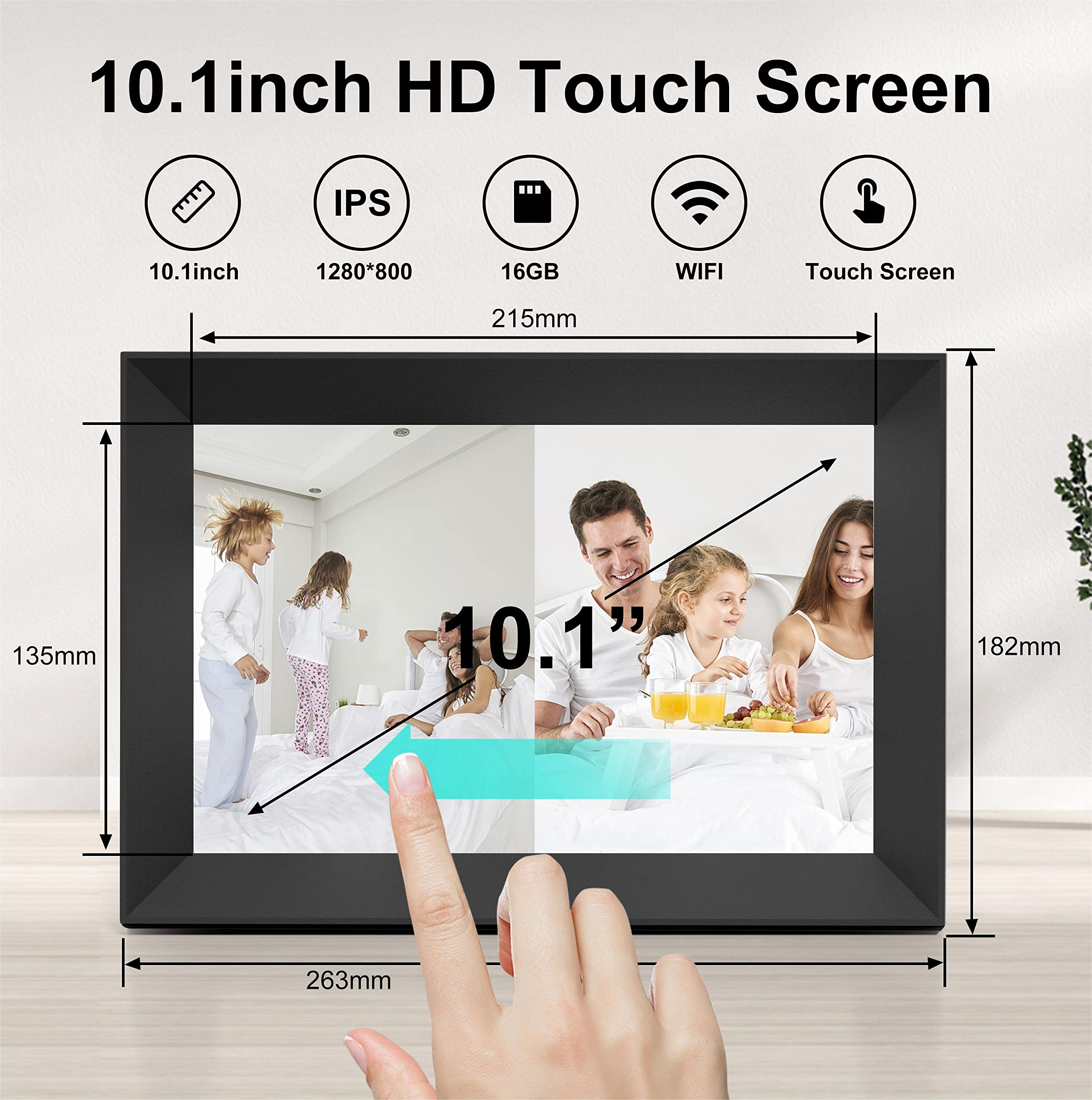Cornice digitale WiFi da 10,1 pollici con memoria da 16 GB, touch screen HD 1280 x 800 IPS, cornice digitale nera, touchscreen IPS HD, rotazione automatica, condivisione istantanea di foto e