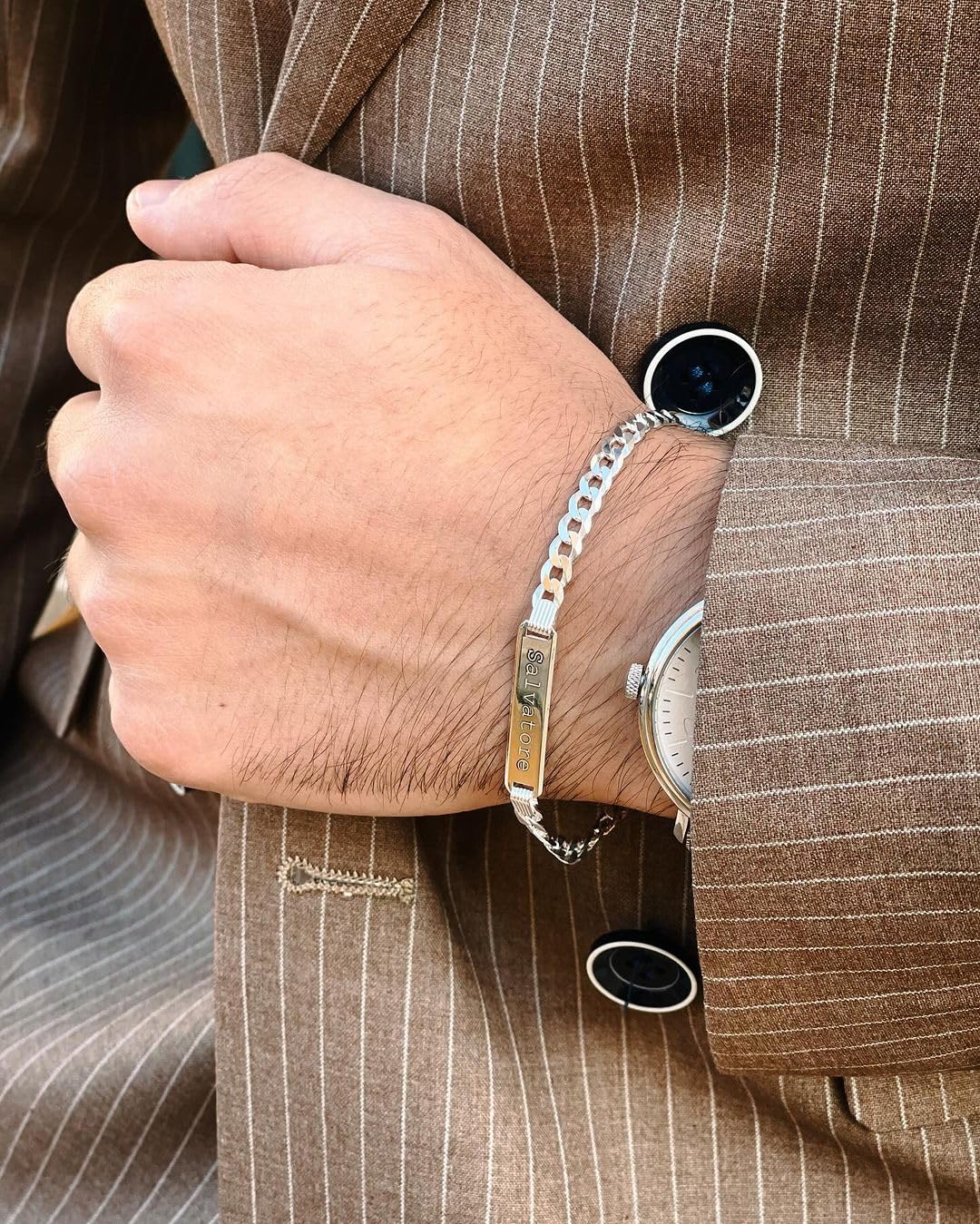 Giuzi - Bracciale Uomo Argento 925 Personalizzabile con Targhetta Incisa, Catena Grumetta Regolabile, Idea Regalo Uomo con Confezione