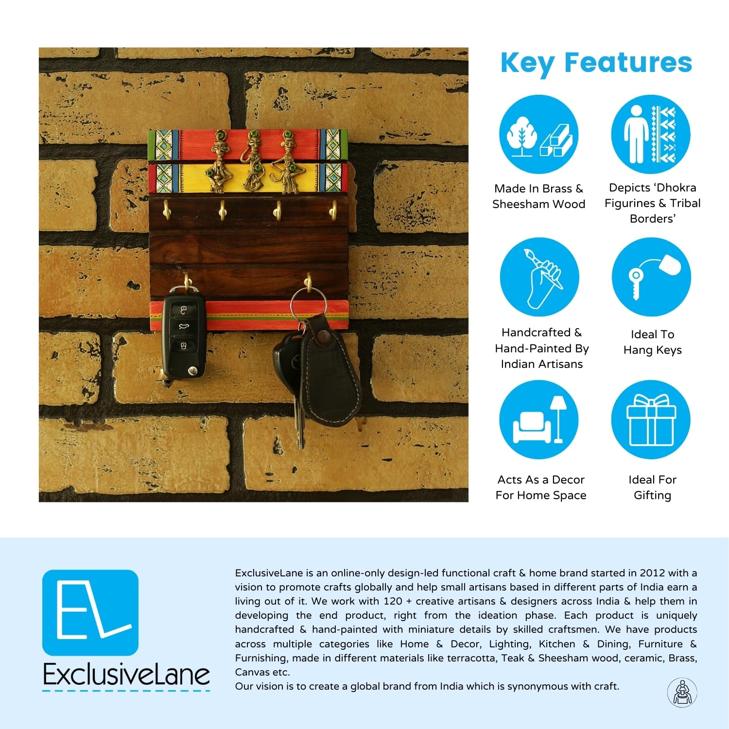 ExclusiveLane 'Tribal Borders' Warli Handpainted Wooden Key Holder for Home Décor Stylish (6 Hooks, Sheesham Wood)| Key Hangers for Wall Key Holder Stand Key Stand for Wall Key Chain Holder for Wall 4