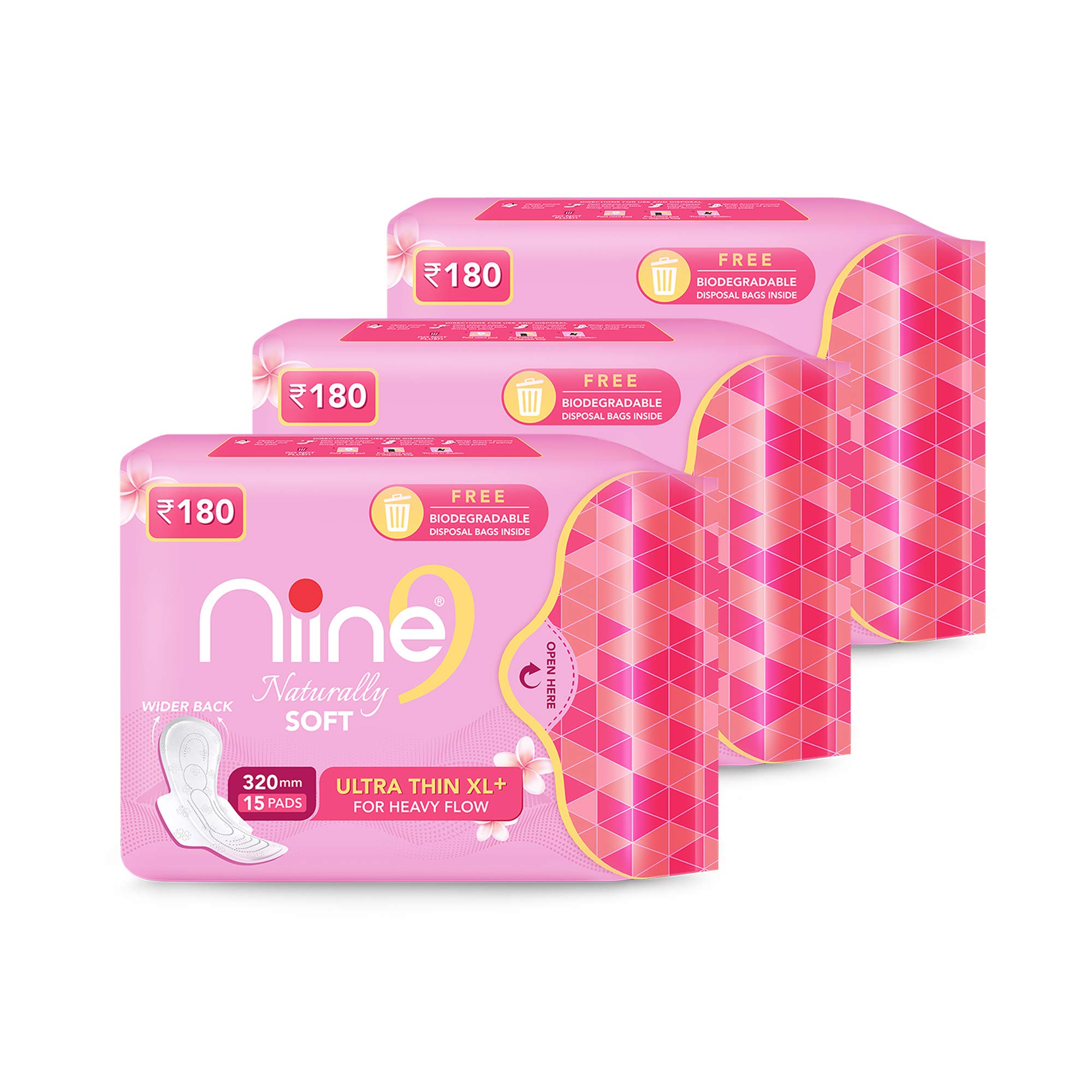 NIINE Naturally Soft Ultra Thin XL+ SUPER SAVER PACK, Sanitary Napkins for HEAVY FLOW with Free Biodegradable Disposal Bags Inside (Pack of 3), 45 Pads Count