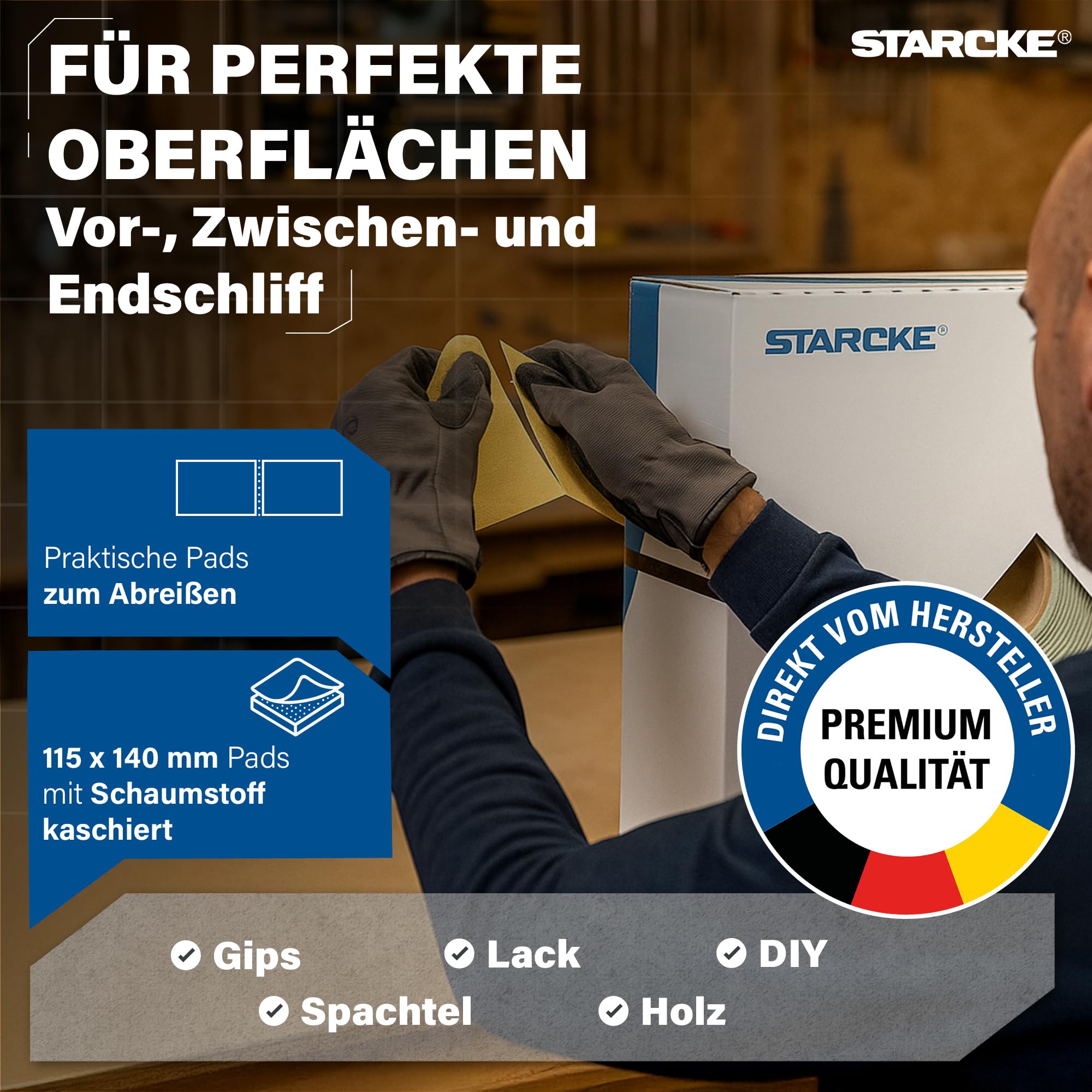 STARCKE® Schleifpapier Set 178x [25m Rolle] Abreißbar mit Schaumstoff - MADE IN GERMANY - Schleifpad Set mit Stearatbeschichtung - für Gips, Lack, Holz, Spachtel, Autolack, Maler (P150)