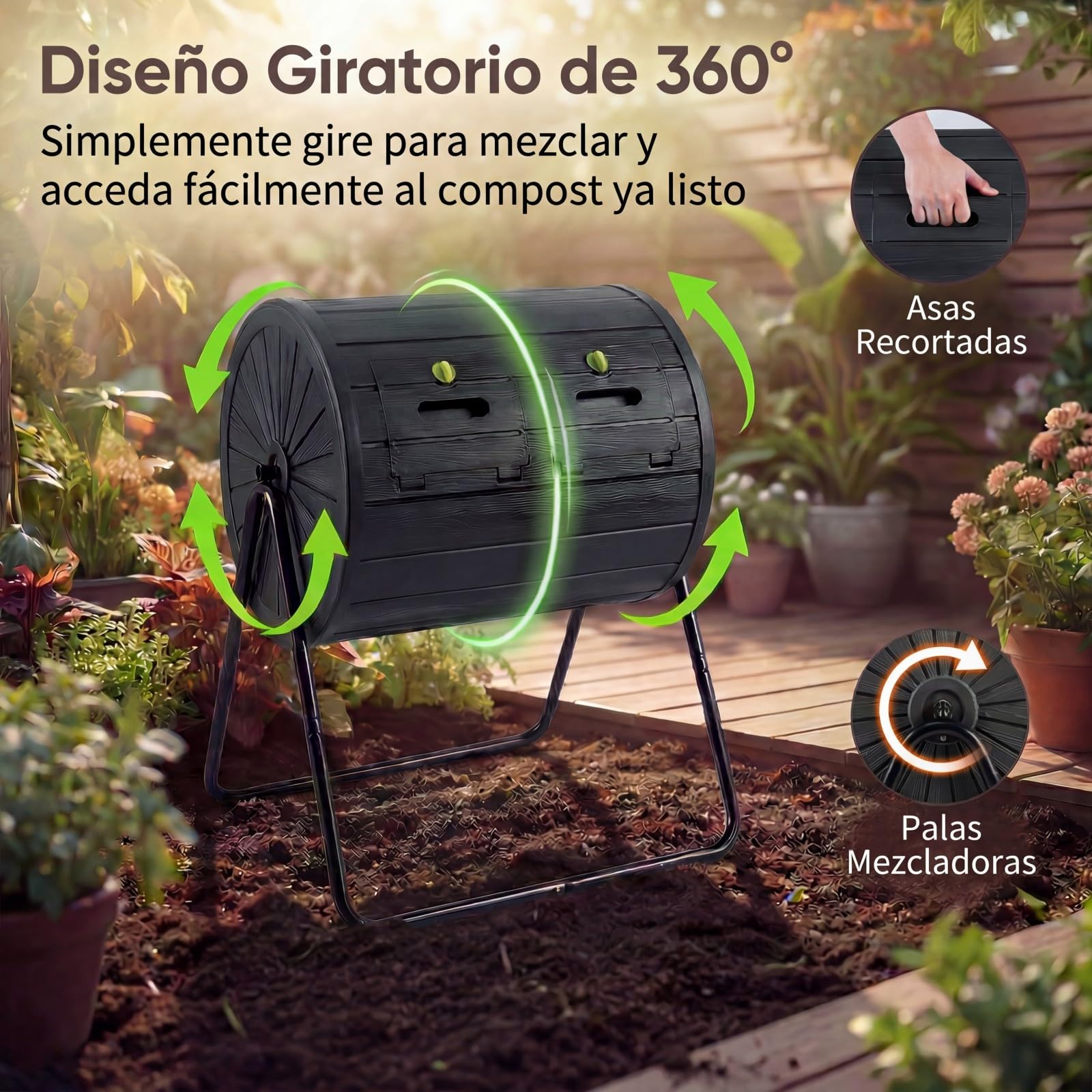 GYMAX Compostador Giratorio de Jardín 142 L, Contenedor de Compostaje de Doble Cámara Compostadora con Puertas Bloqueables, Soporte Metálico para Desechos de Jardín Cocina Patio (Negro)