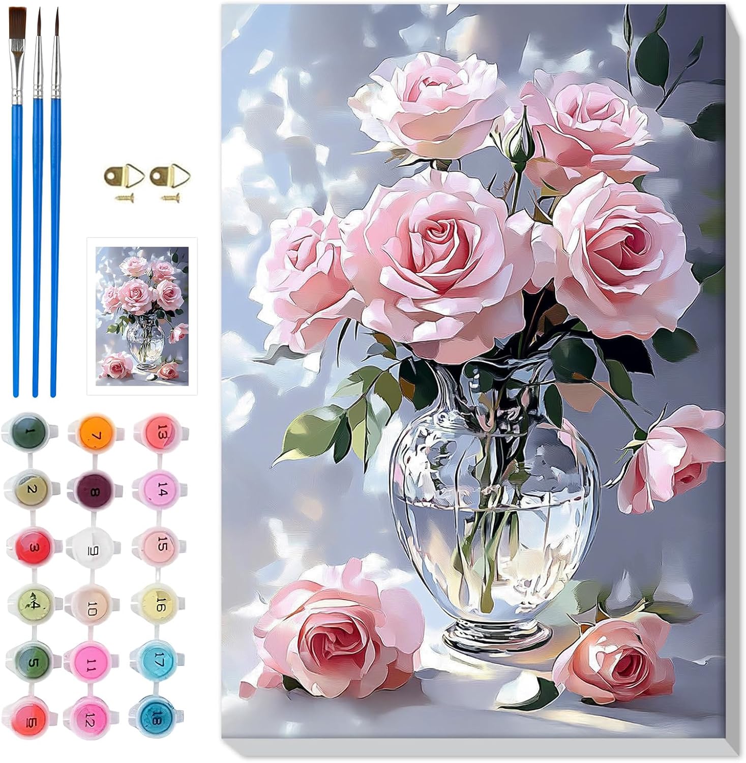 MISCER Pink Roses Framed Paint by Numbers for Adults Beginners, Romantic Floral Acrylic DIY Adults Paint by Number Kits on Canvas, Easy Number Painting with Frame for Gift Home Wall Decor 8x12in