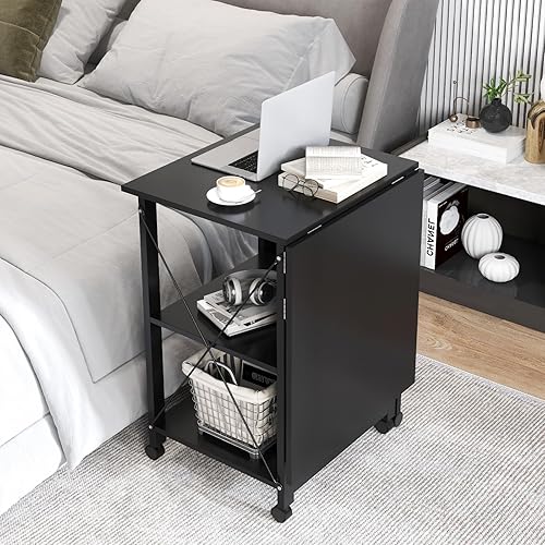 Miniatura 4 de Tangkula Folding Computer Desk, Modern Writing Table w/ 2-Tier Storage Shelves, PC Laptop Study Table Workstation w/ 6 Wheels, Space Saving Compact