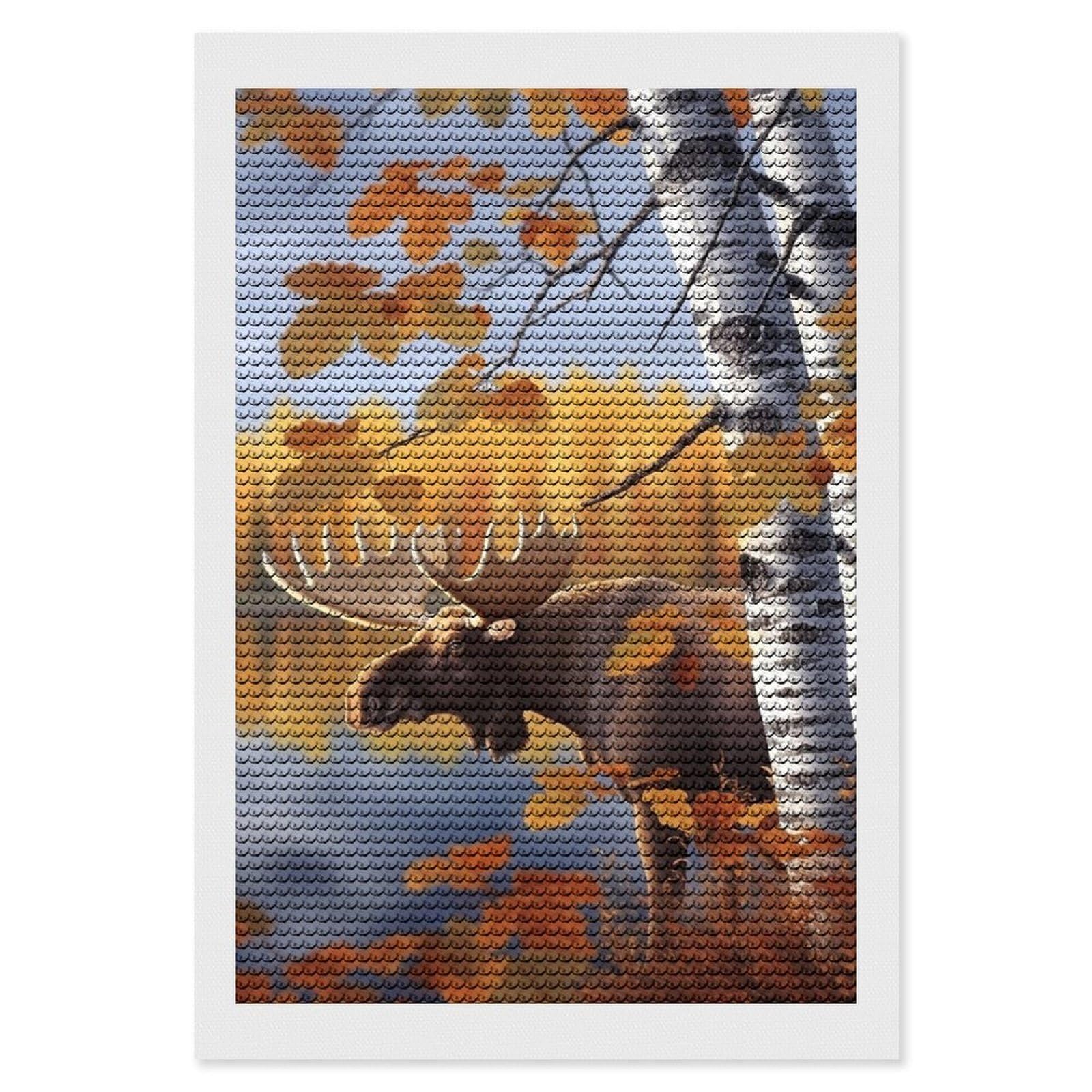 FodPand Diamond Art Kits for Adults, 5D Aurora Diamond Painting Kits for Beginners, Fall Birch Leaves Elk DIY Full Drill Dots Gem Art Paint Crafts for Home Wall Decor 8"x12"