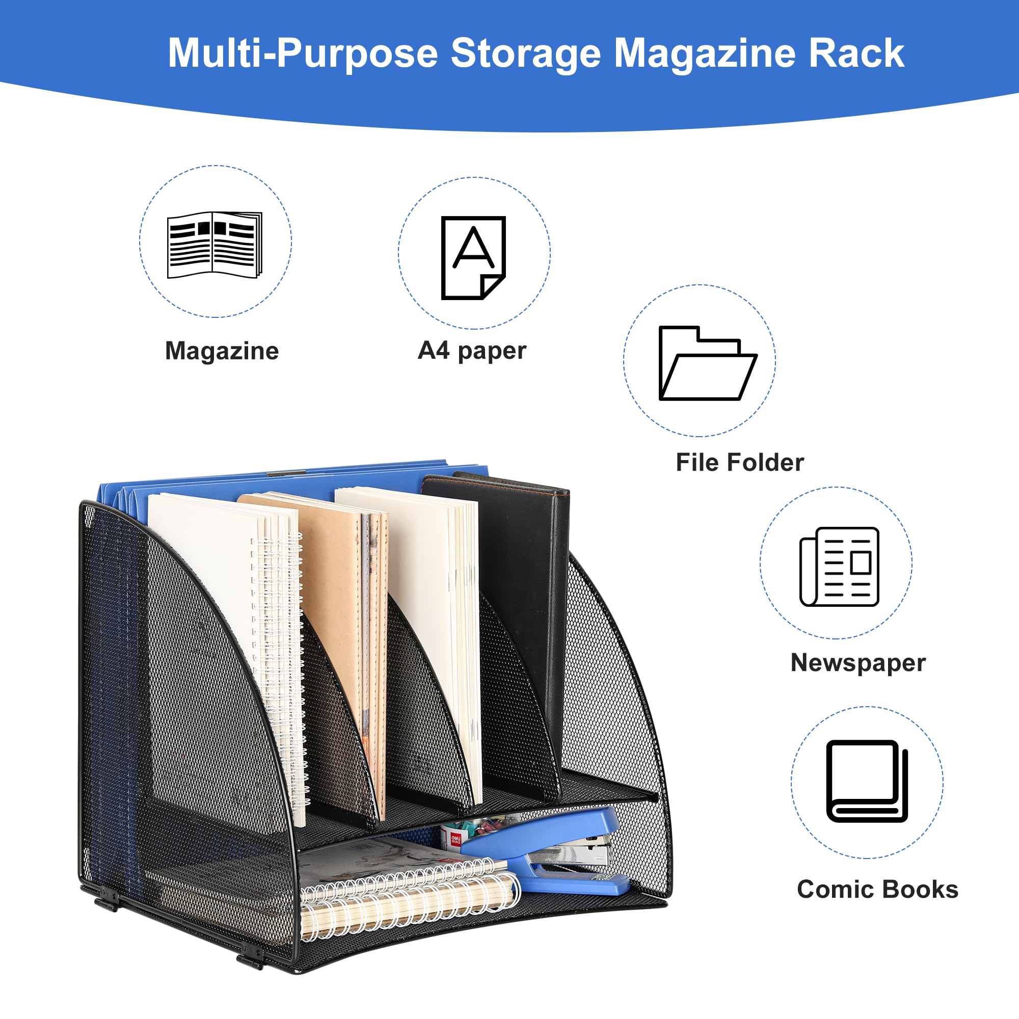 TQVAI Letter Tray Desk Tidy Organiser Document Holder Paper Storage Organiser Magazine File Holder, Black - Image 4