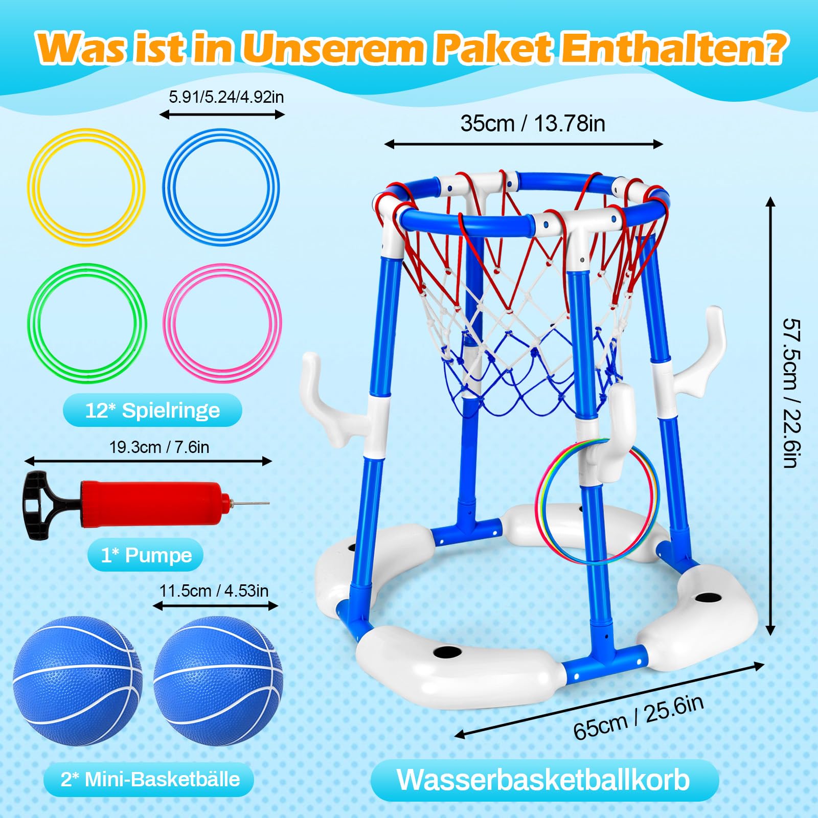 Pool Basketballkorb 2-in-1 Schwimmender Basketball Hoop für Kinder Erwachsene mit 2 Bällen 12 Ringen Pumpe