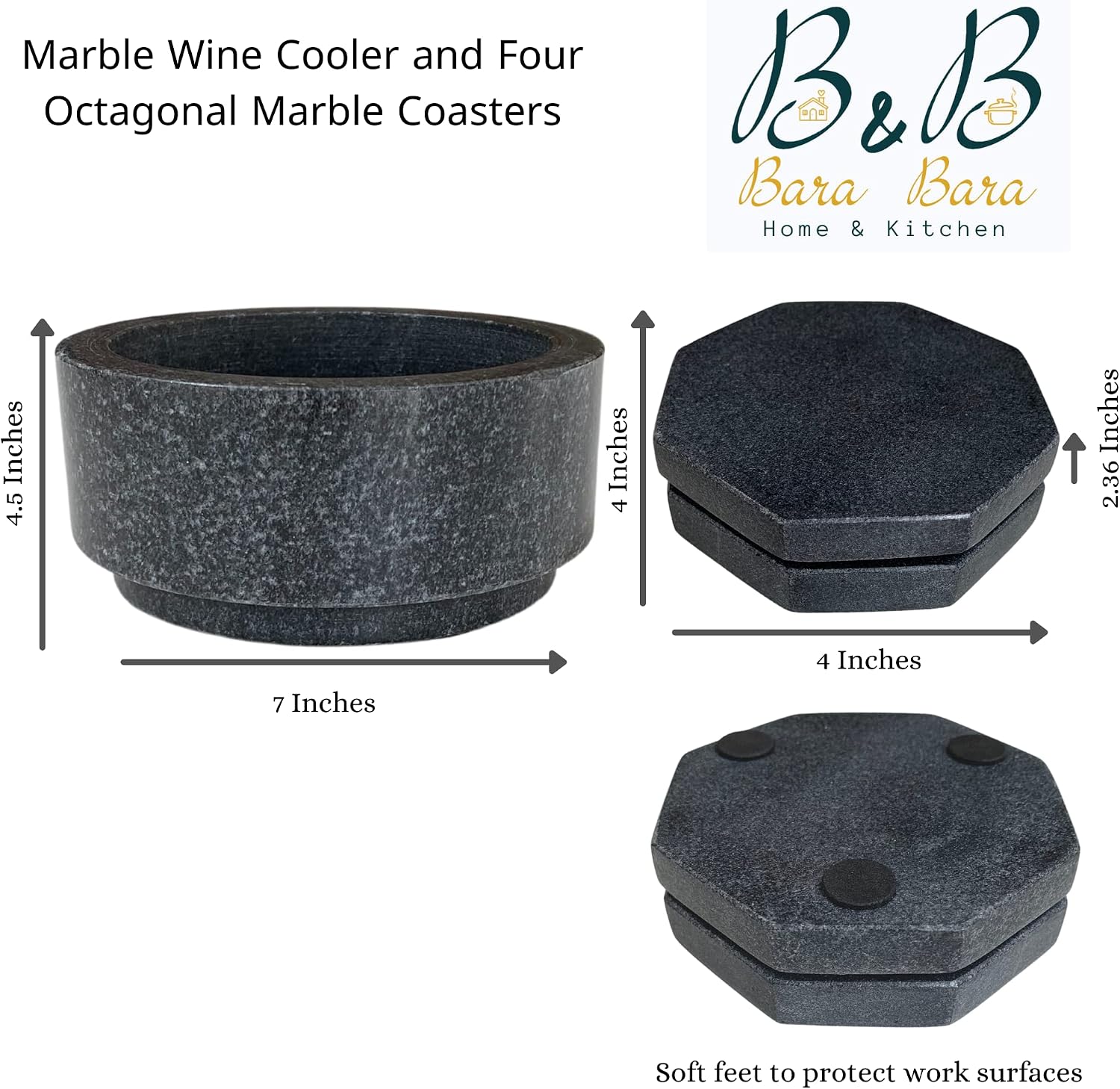 BaraBara Wine Cooler Marble Chiller, Small Drink Holder ideal for Parties & Occasions. This Set includes Four Octagonal Marble Coasters of Natural Material (Black), L4.5xW4.5xH2.16''