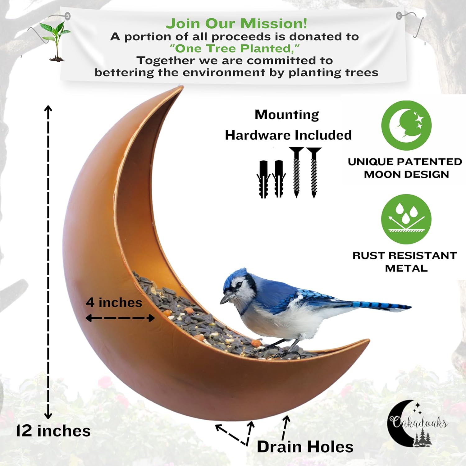 Fence & Tree Mounted Moon Bird Feeder – Cardinal, Squirrel Feeder, Rustic Gold Metal Wall Bird Feeder for Outdoors, Wild Bird Feeder for Bluebirds.