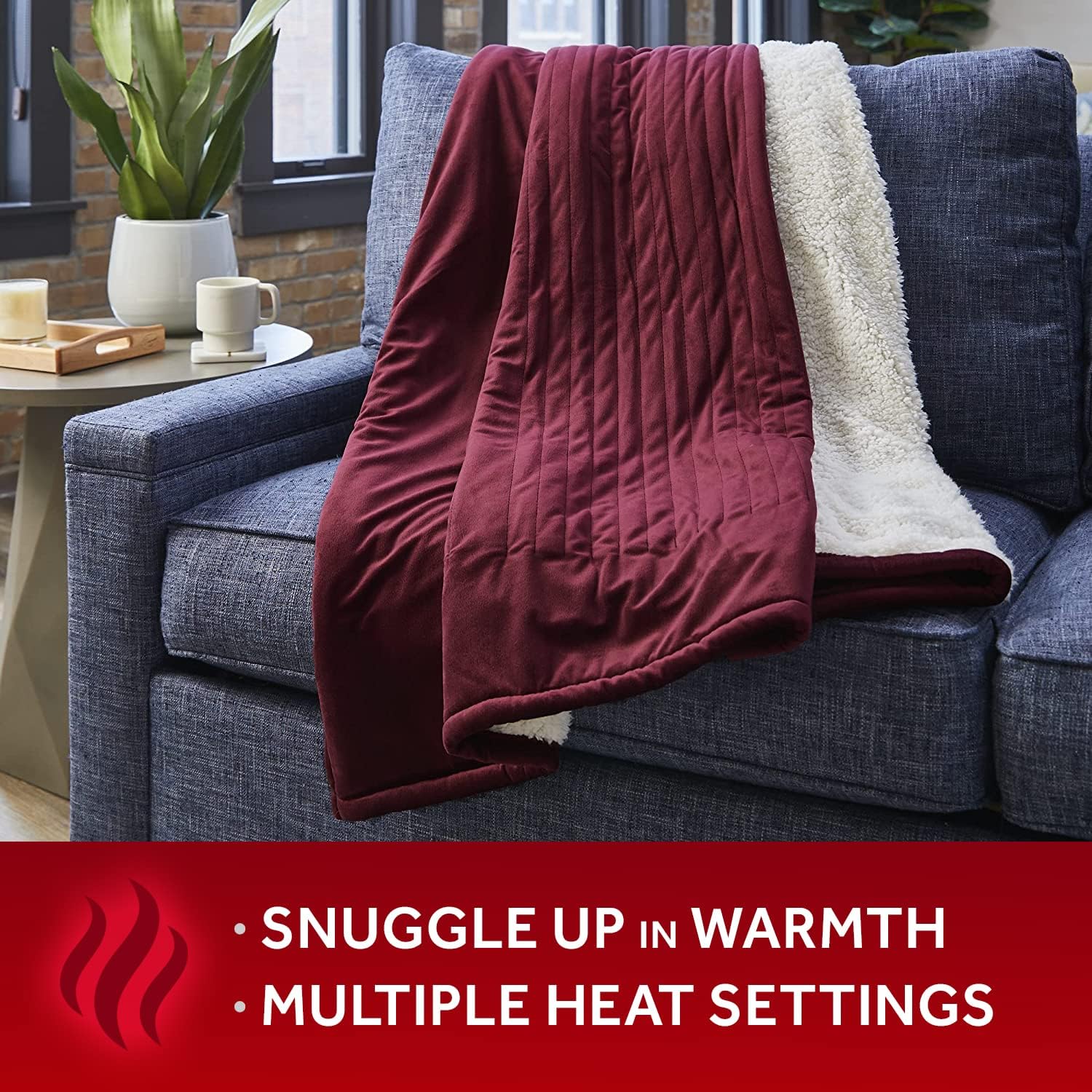 Sunbeam Royal Mink Sherpa Cabernet Heated Personal Throw / Blanket, Cozy-Warm, Adjustable Heat Settings