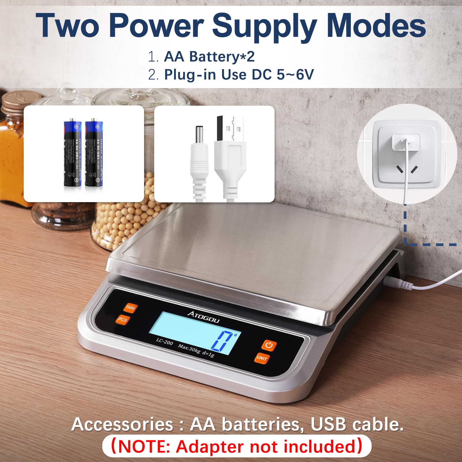 ATOGOU LC200 Balance de cuisine numérique commerciale 40 kg/1 g, avec conversion de 6 unités, acier inoxydable, écran LCD, pile AA ou utilisation enfichable pour la pâtisserie, le pain, la cuisine, la