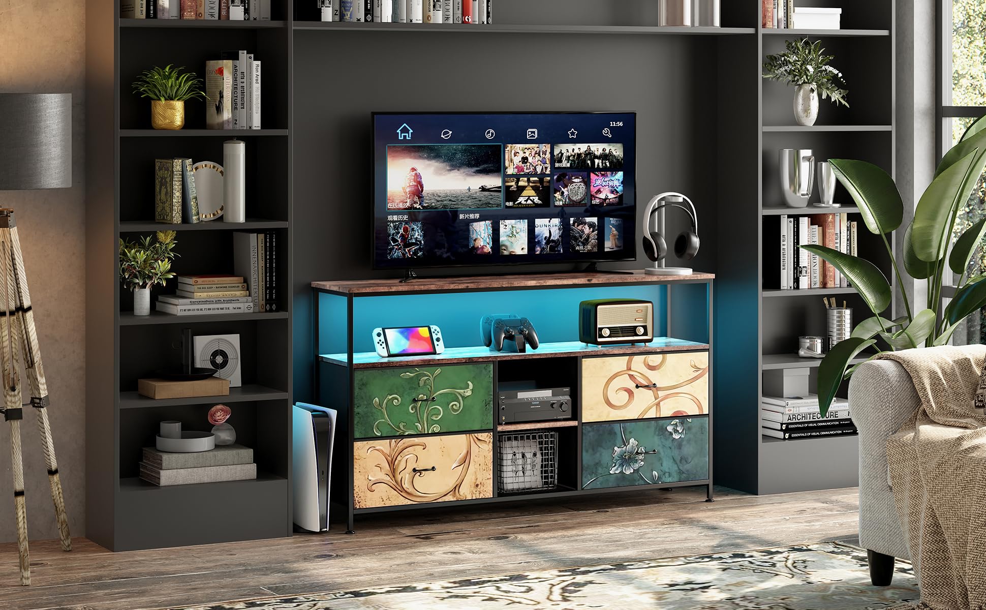 Mueble de TV con LED, 137 cm Armarios de Entretenimiento con 4 cajones de Almacenamiento extraíbles, Banco de TV con Espacio de Almacenamiento, Mueble de Salón Moderno﻿ (Color, 137cm)