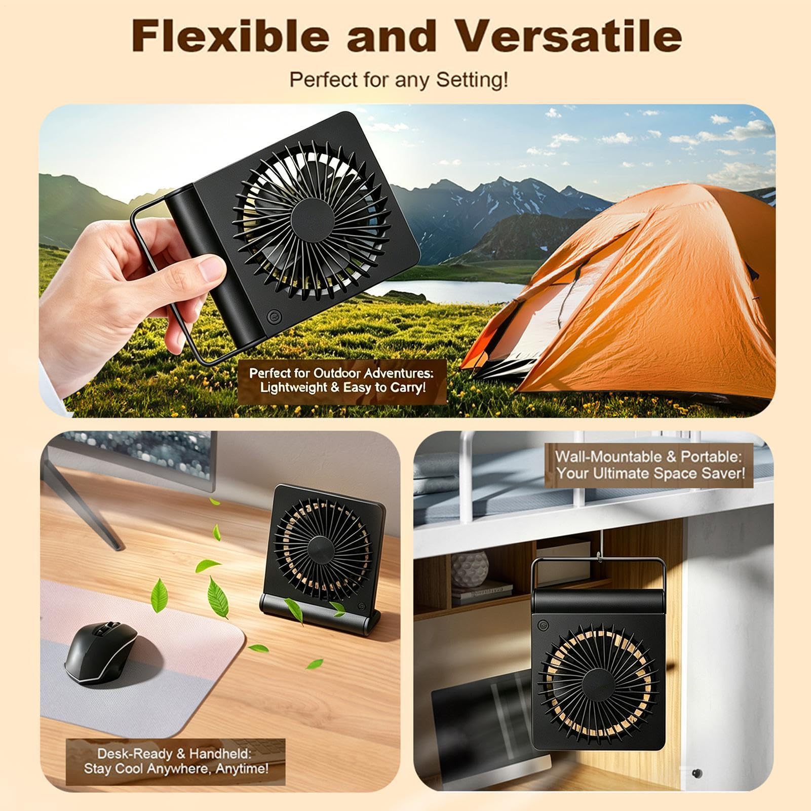 Ventilatore da Scrivania e Silenzioso USB Ricaricabile 3 Velocità Potente | Ventilatore da Tavolo Silenzioso Per Interno Ed Esterno: Casa, Ufficio, Viaggio, Vacanza, Spiaggia, Campeggio